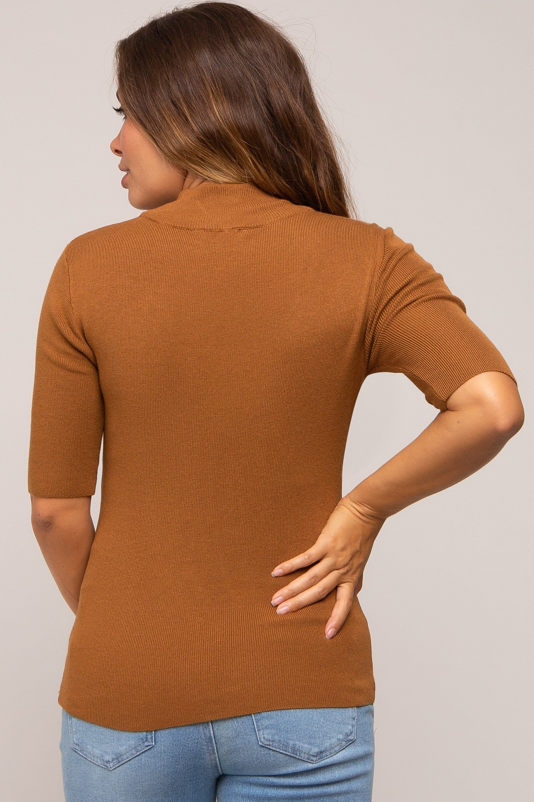 Mocha Mock Neck Short Sleeve Knit Maternity Top sold by Pinkblush product image thumbnail 3