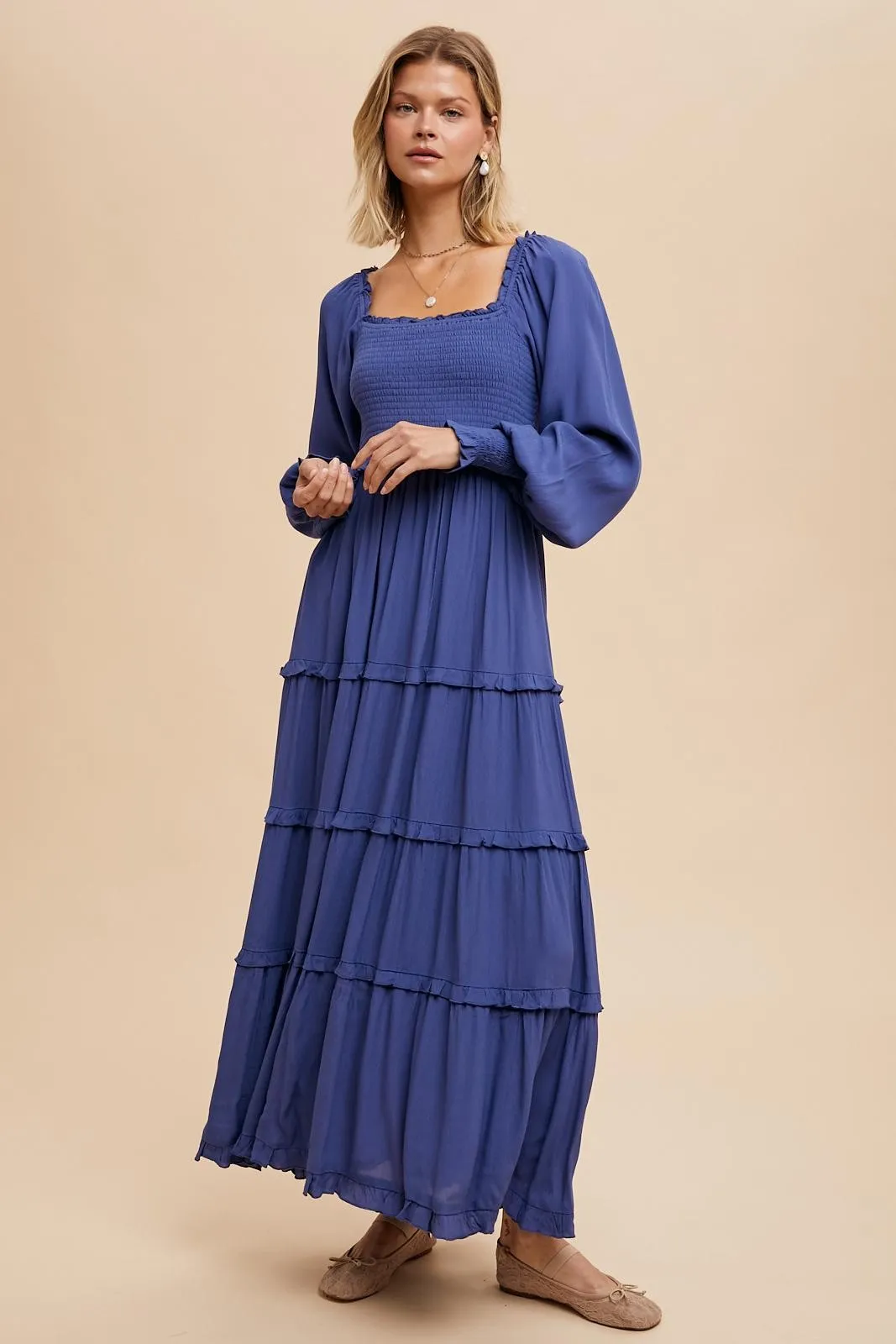 Periwinkle Smocked Long Sleeve Ruffle Tiered Maxi Dress sold by Pinkblush product image thumbnail 2