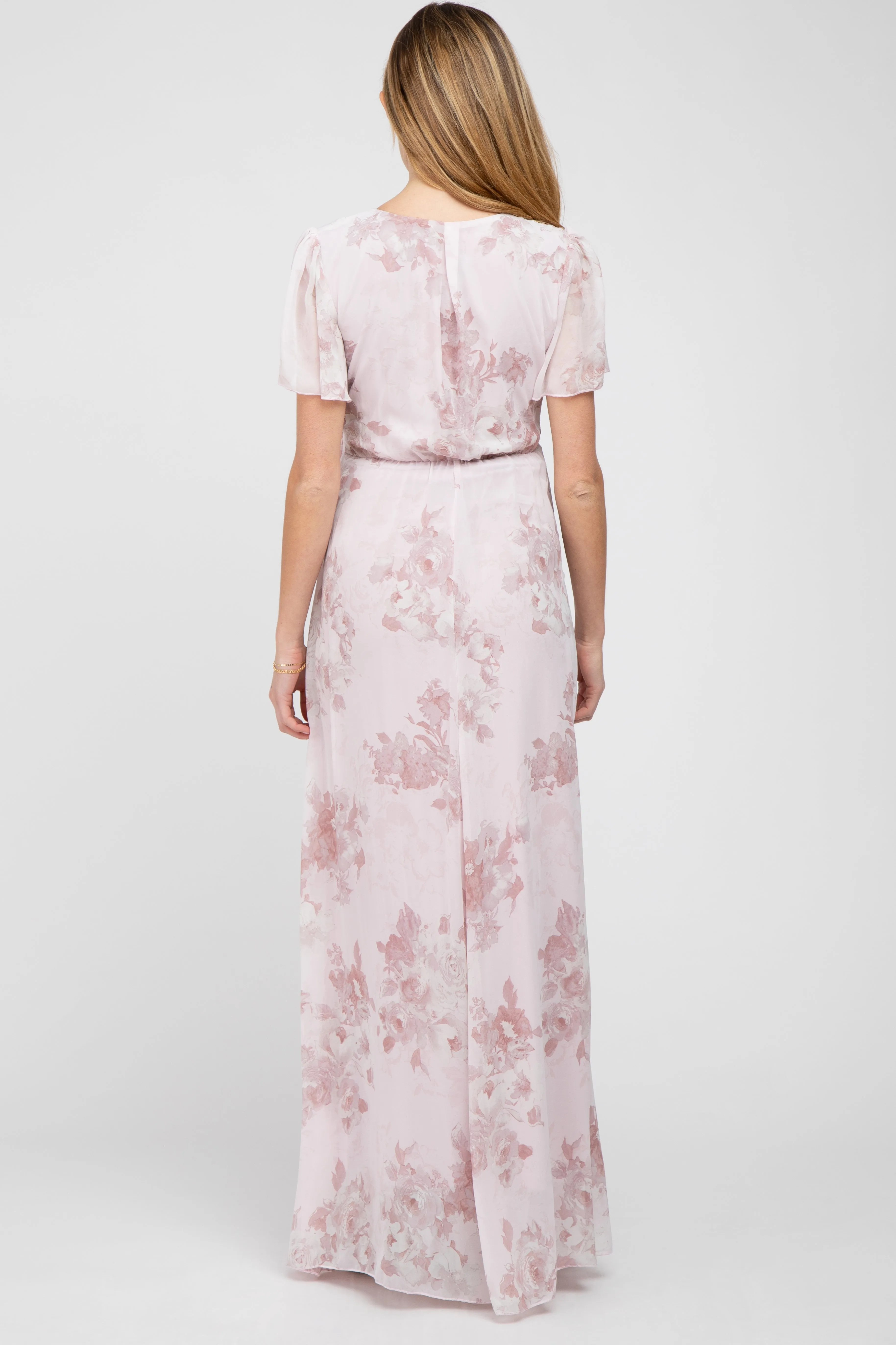 Light Pink Floral Chiffon Wrap Front Short Sleeve Maternity Maxi Dress sold by Pinkblush product image thumbnail 3