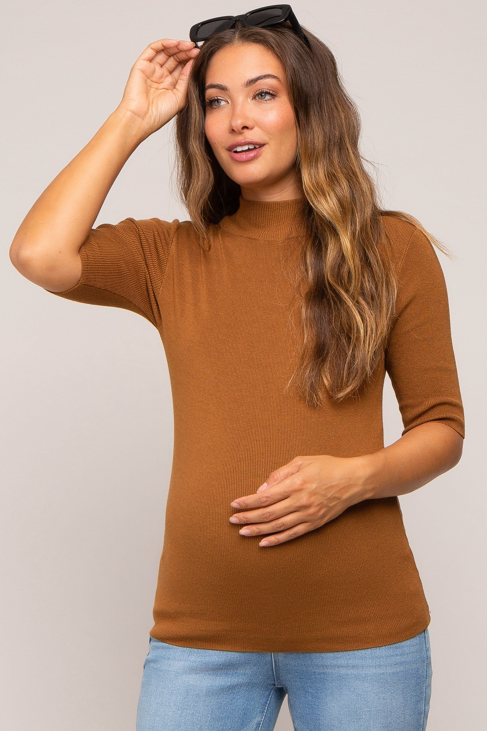 Mocha Mock Neck Short Sleeve Knit Maternity Top sold by Pinkblush