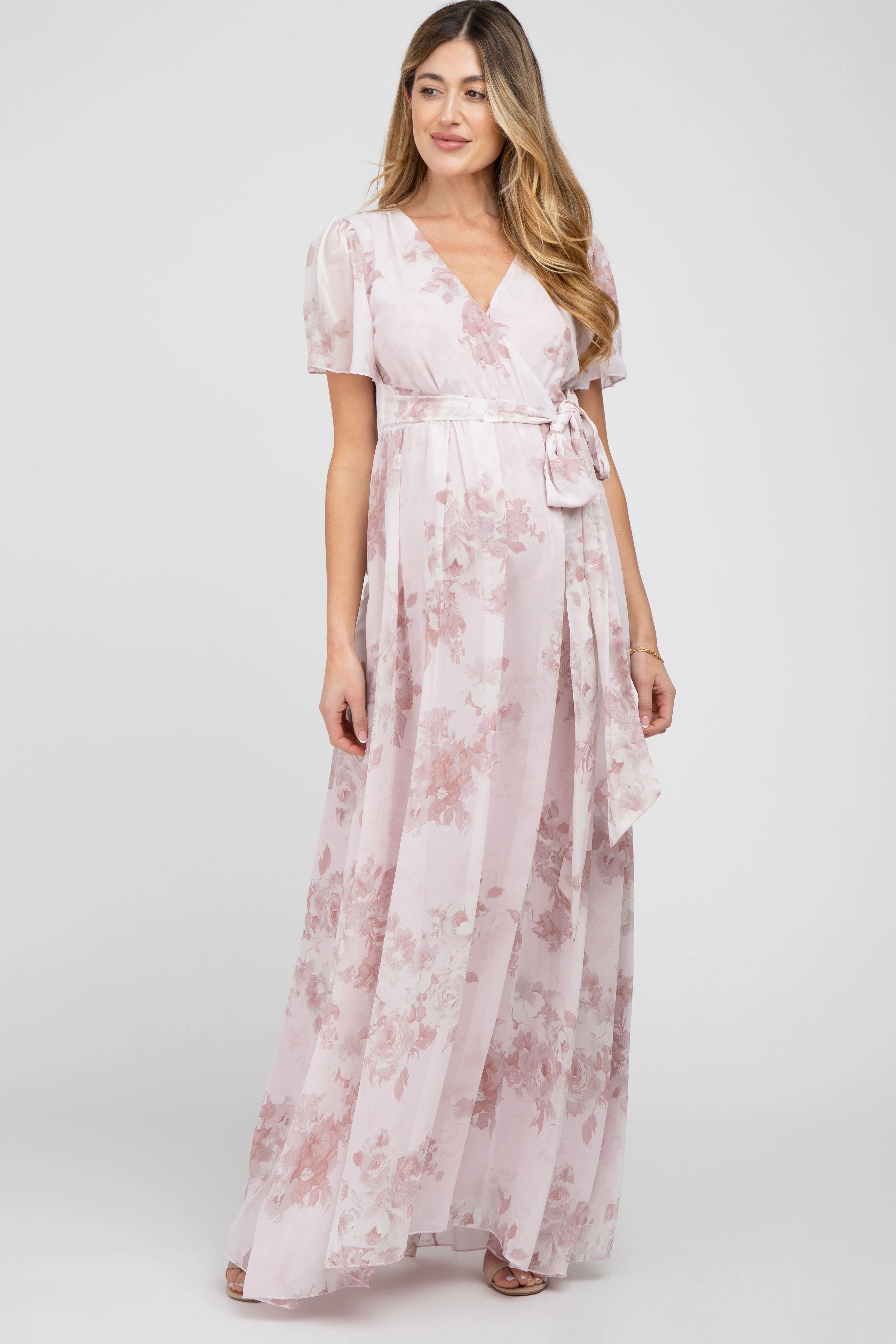 Light Pink Floral Chiffon Wrap Front Short Sleeve Maternity Maxi Dress sold by Pinkblush