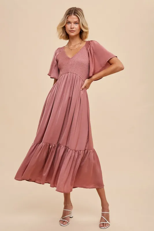 Pink Satin Smocked Midi Dress sold by Pinkblush