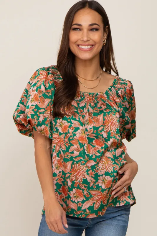 Green Floral Satin Smocked Accent Maternity Blouse sold by Pinkblush