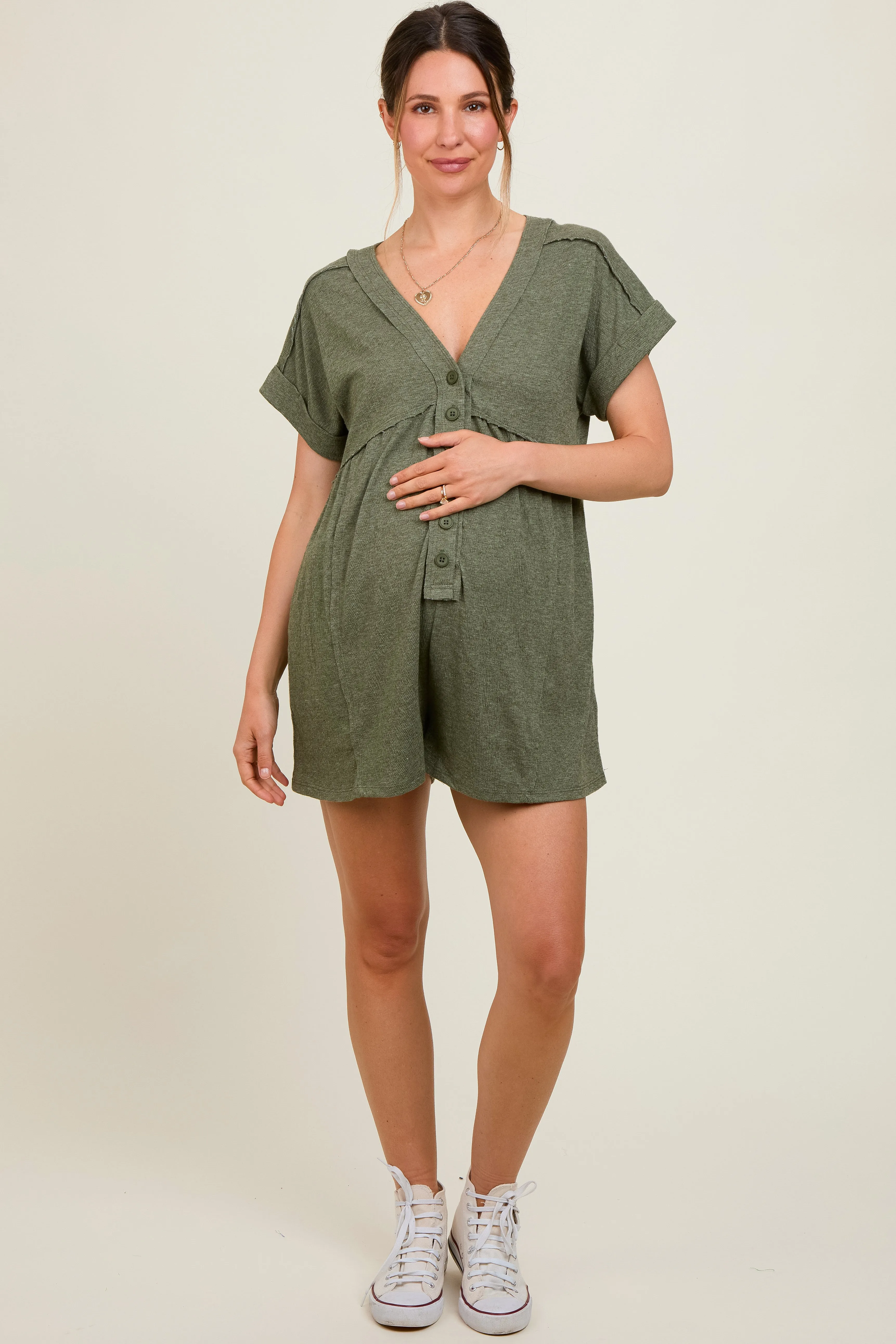 Olive Button Up Raw Hem Maternity Romper sold by Pinkblush
