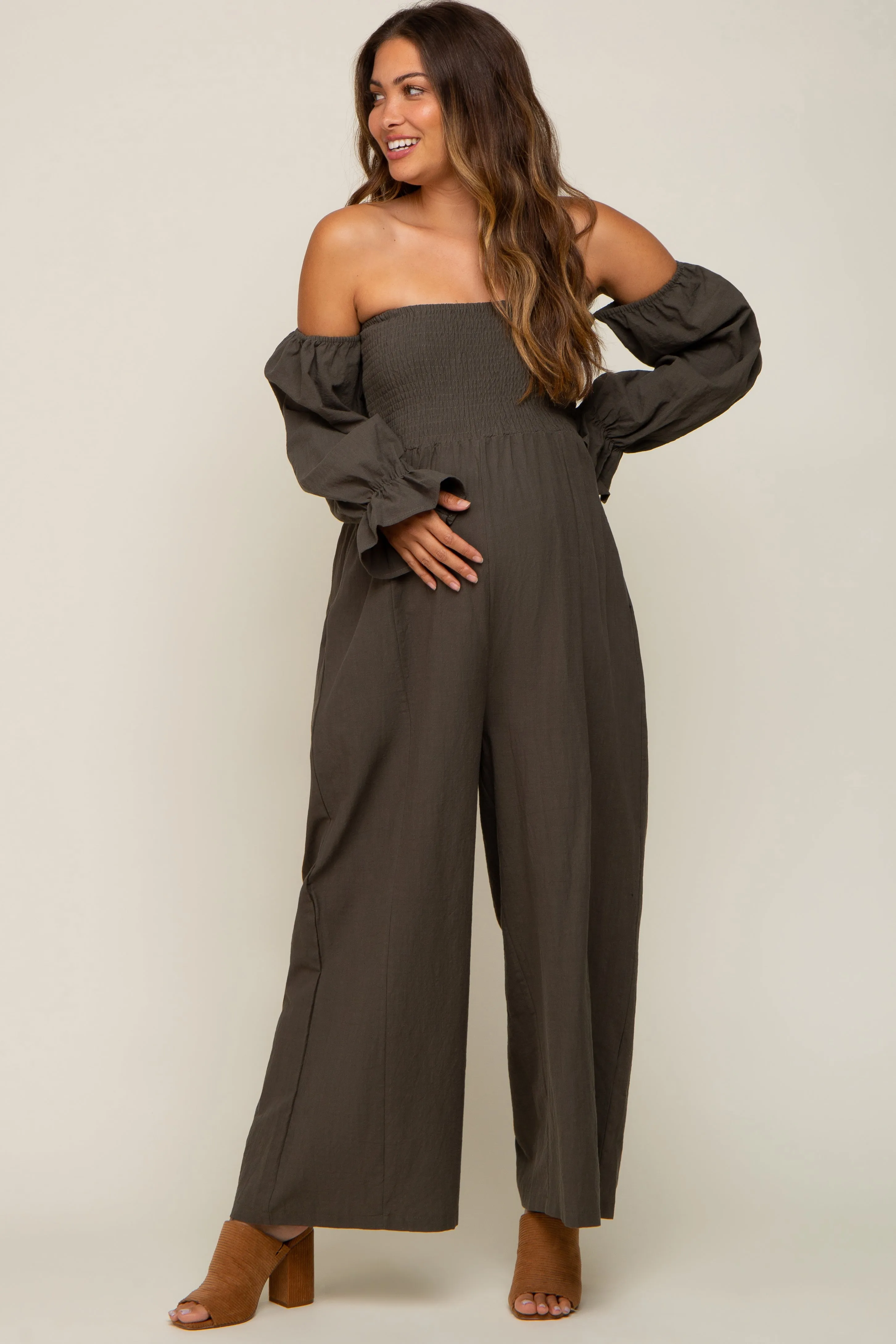 Olive Linen Smocked Off Shoulder Wide Leg Maternity Jumpsuit sold by Pinkblush product image thumbnail 2