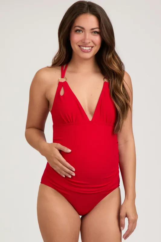 Red Ribbed V-Neck Ruched Criss Cross Low Back Maternity One Piece Swimsuit sold by Pinkblush