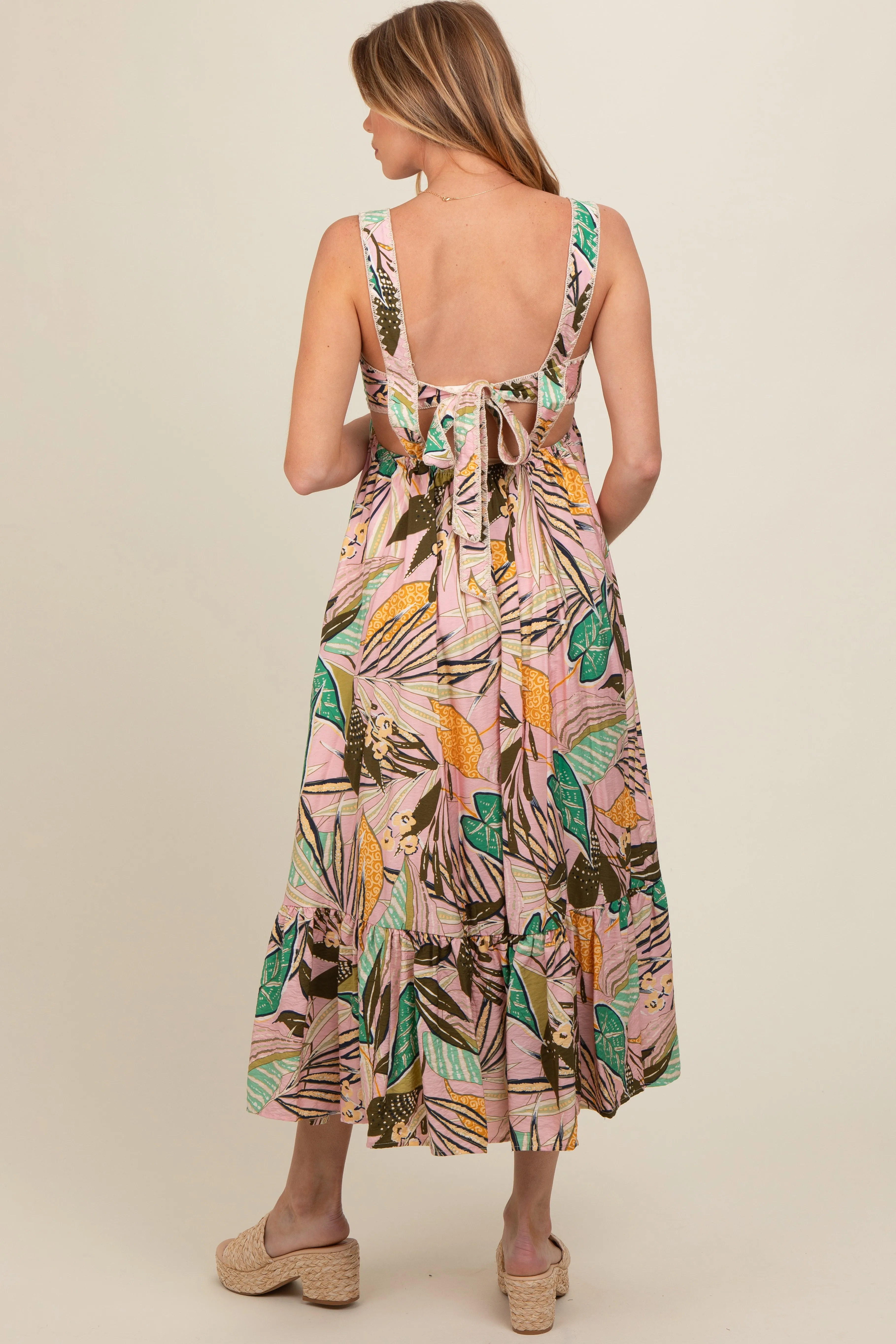 Light Pink Tropical Back Tie Cutout Maternity Maxi Dress sold by Pinkblush product image thumbnail 4