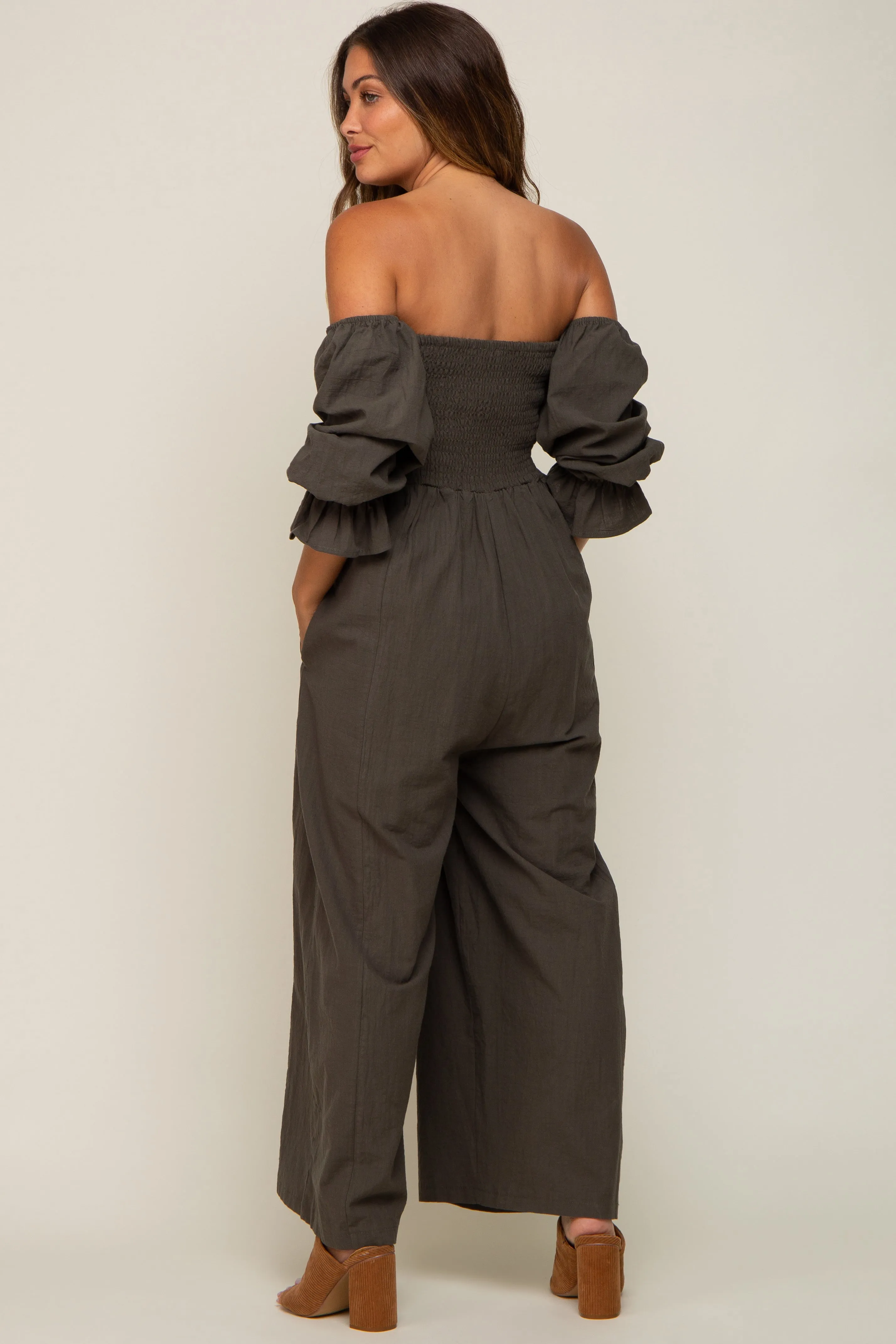 Olive Linen Smocked Off Shoulder Wide Leg Maternity Jumpsuit sold by Pinkblush product image thumbnail 4