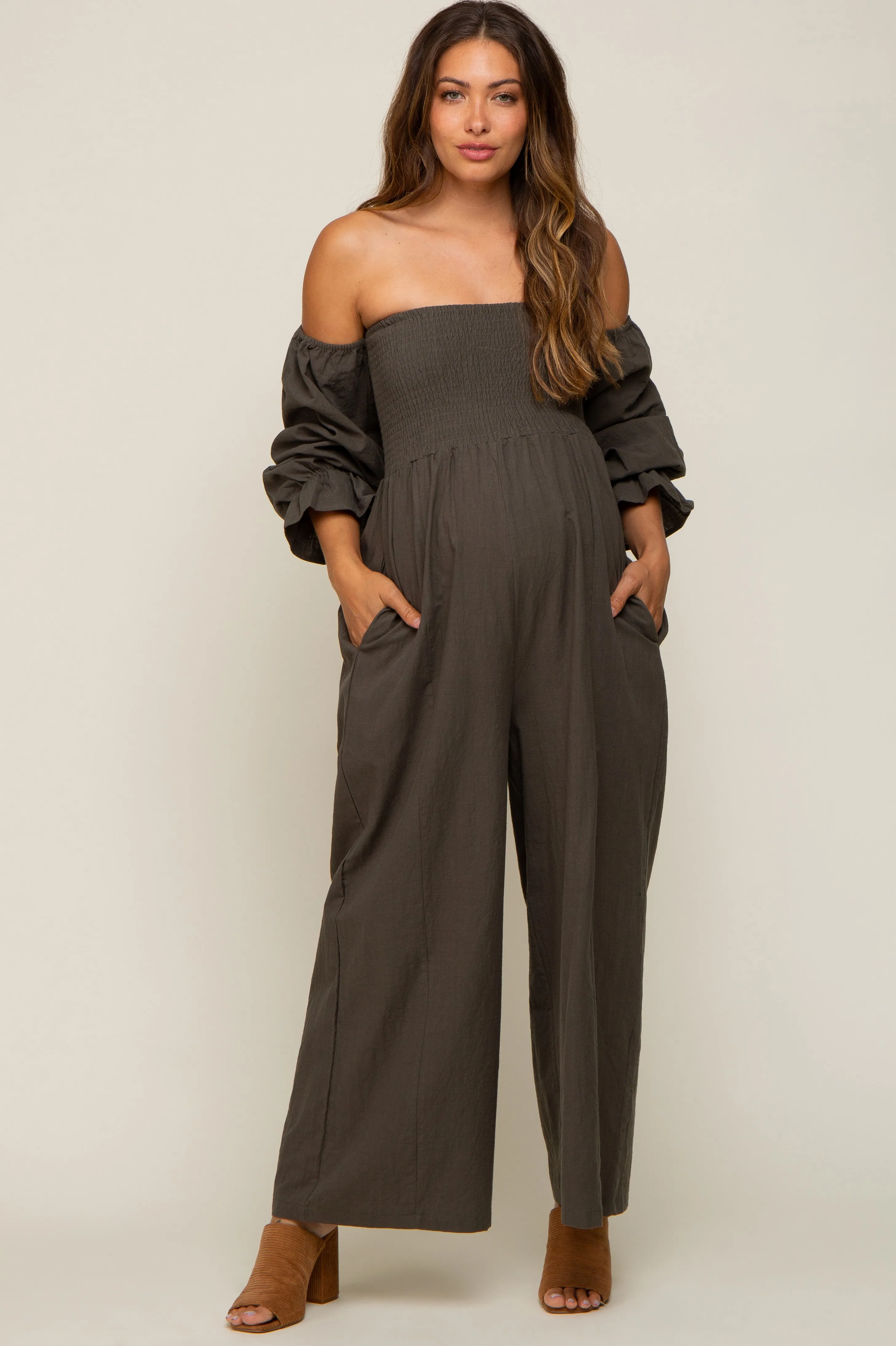 Olive Linen Smocked Off Shoulder Wide Leg Maternity Jumpsuit sold by Pinkblush
