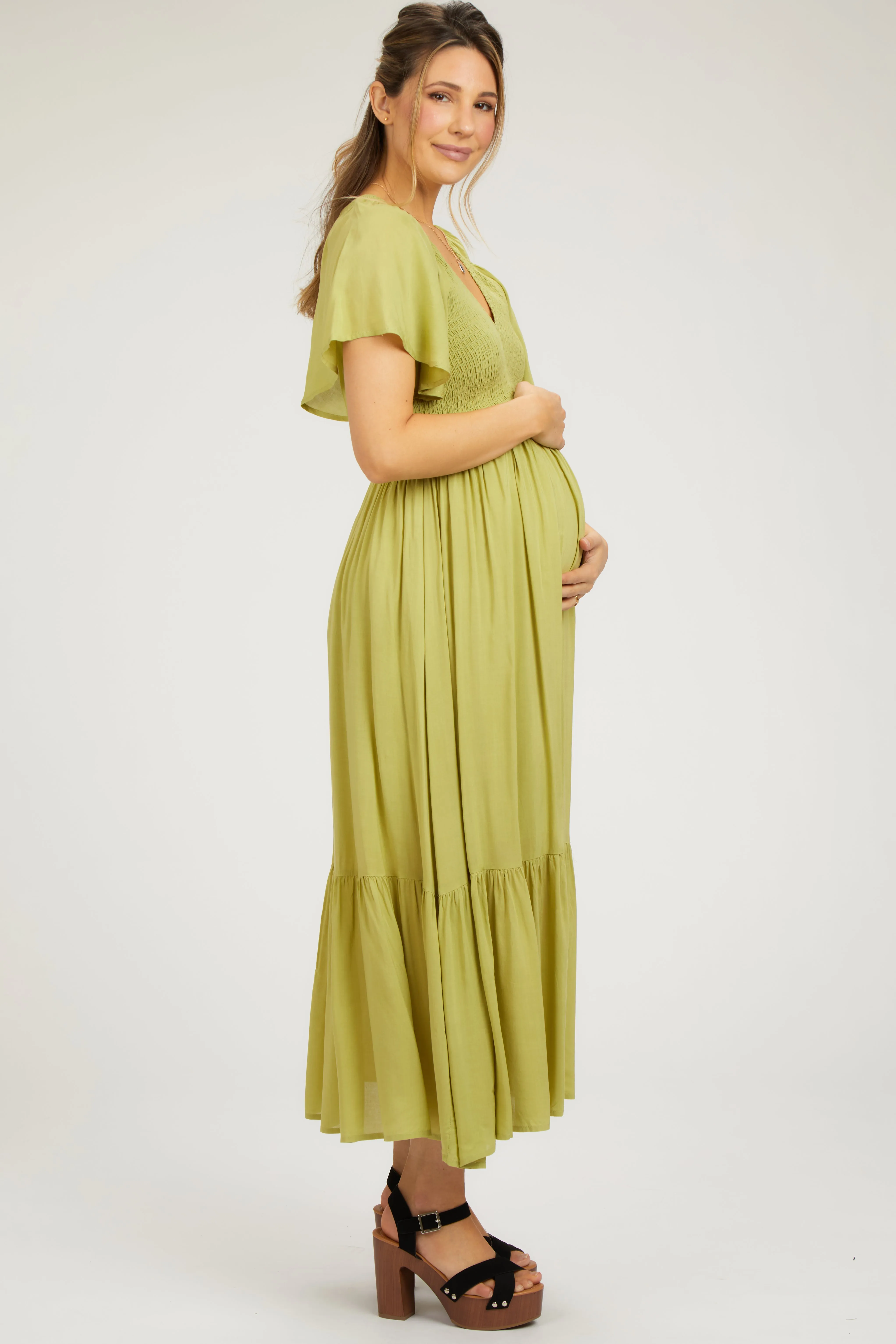 Green Smocked Flutter Sleeve Maternity Midi Dress sold by Pinkblush product image thumbnail 2