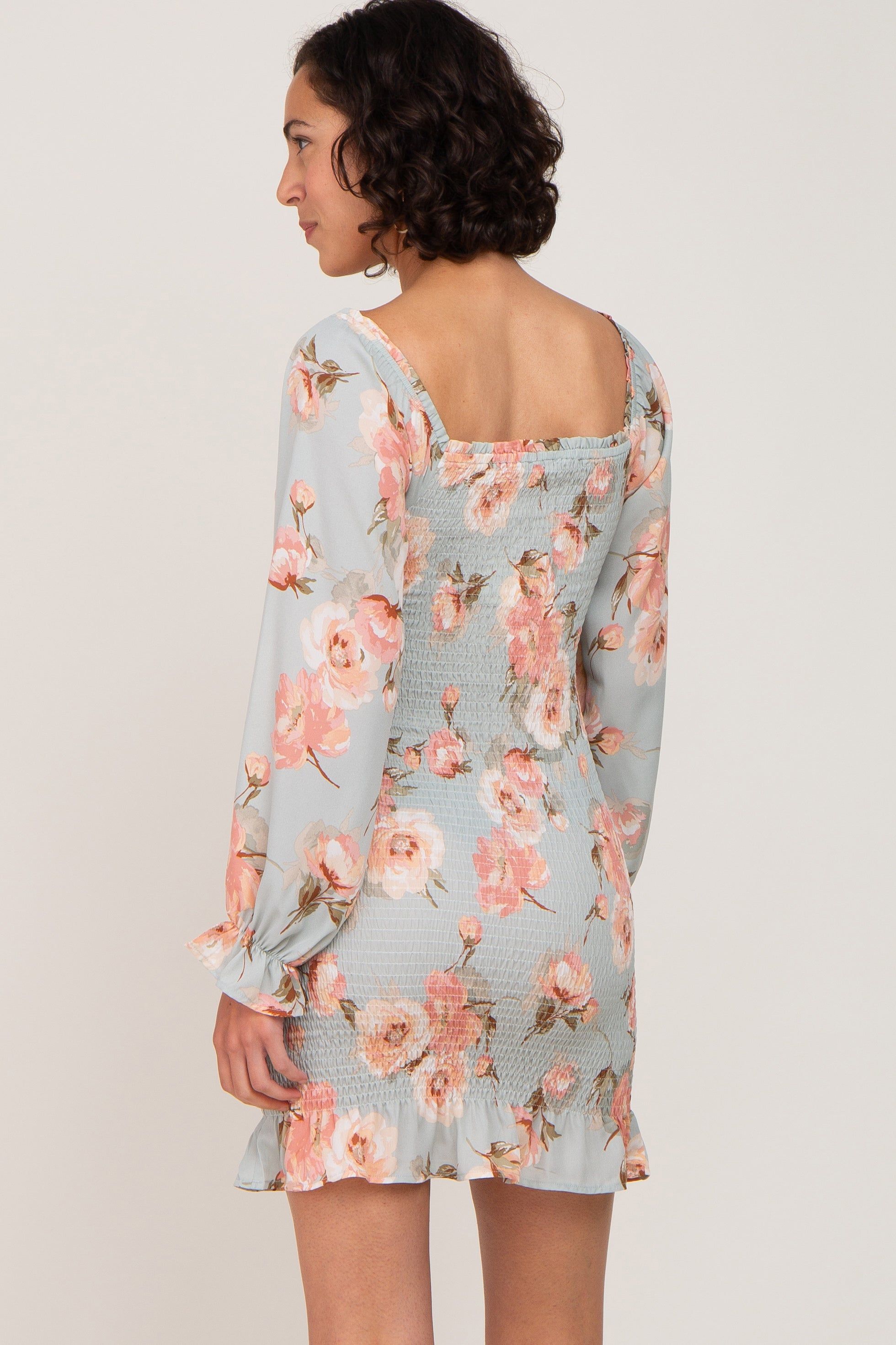 Mint Green Floral Sweetheart Neck Smocked Long Sleeve Dress sold by Pinkblush product image thumbnail 3