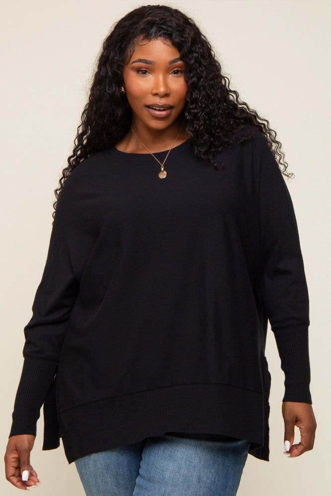 Black Dolman Sleeve Side Slit Plus Sweater sold by Pinkblush