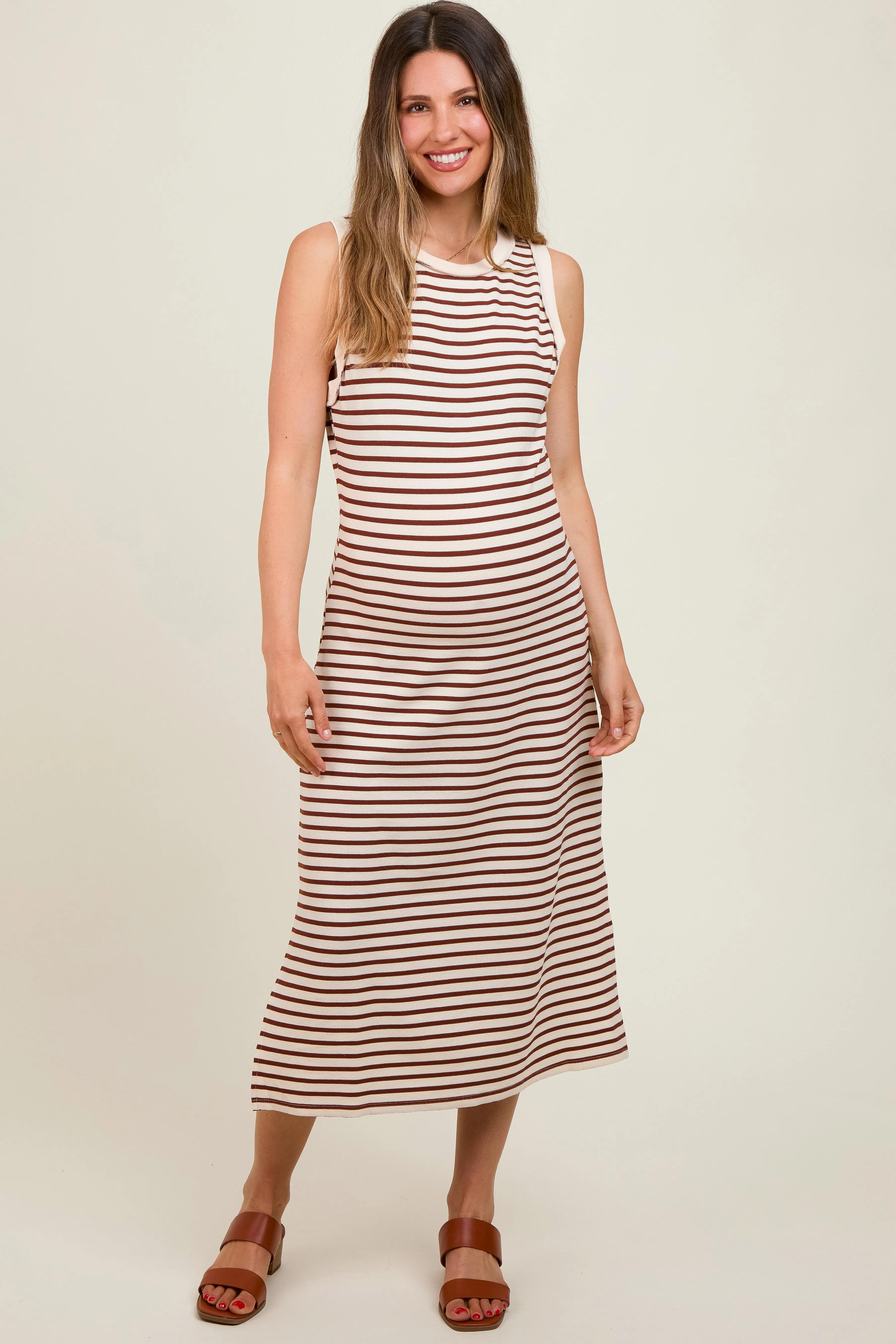 Mocha Striped Sleeveless Maternity Midi Dress sold by Pinkblush