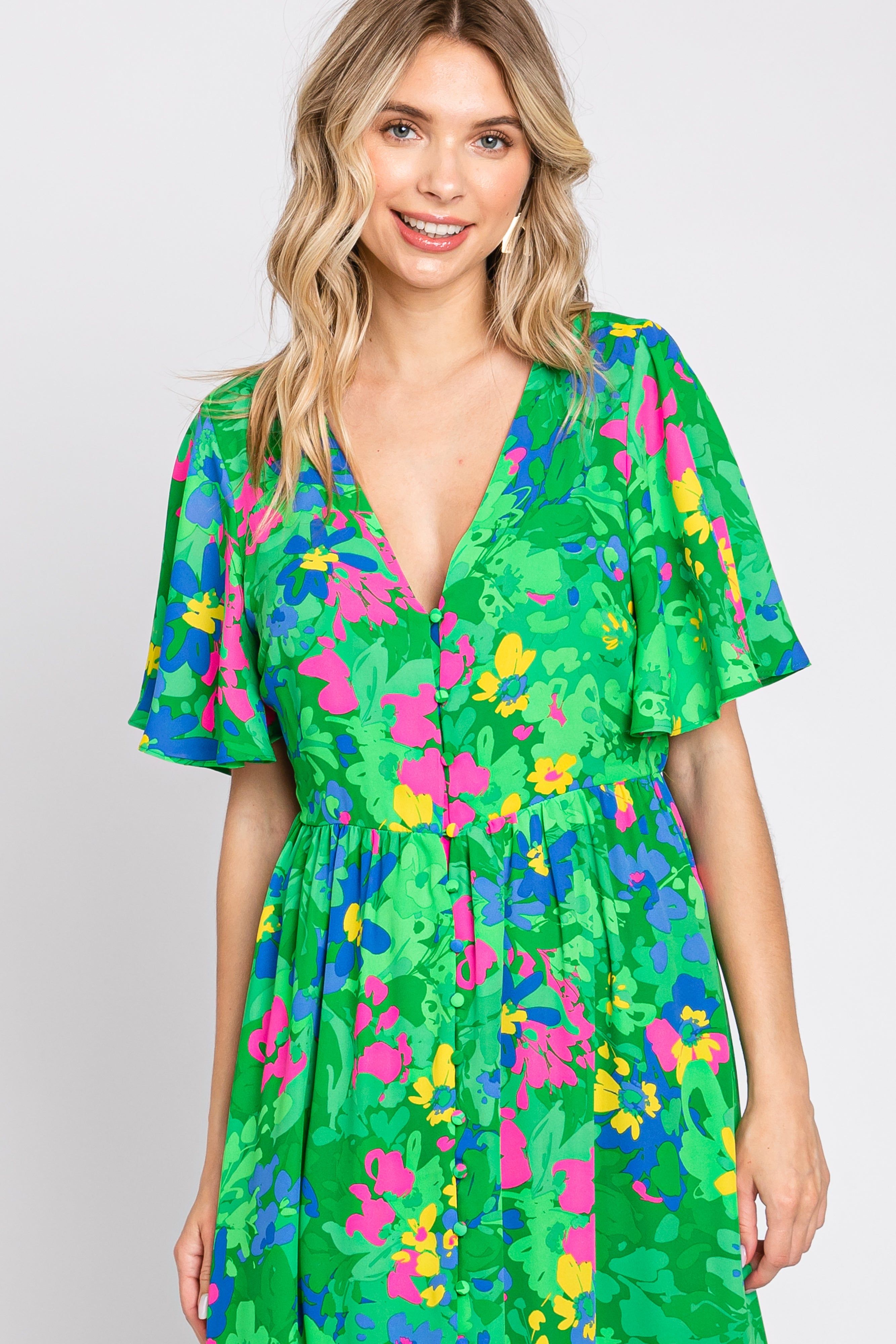 Green Floral Button Front Flutter Short Sleeve Maxi Dress sold by Pinkblush product image thumbnail 4