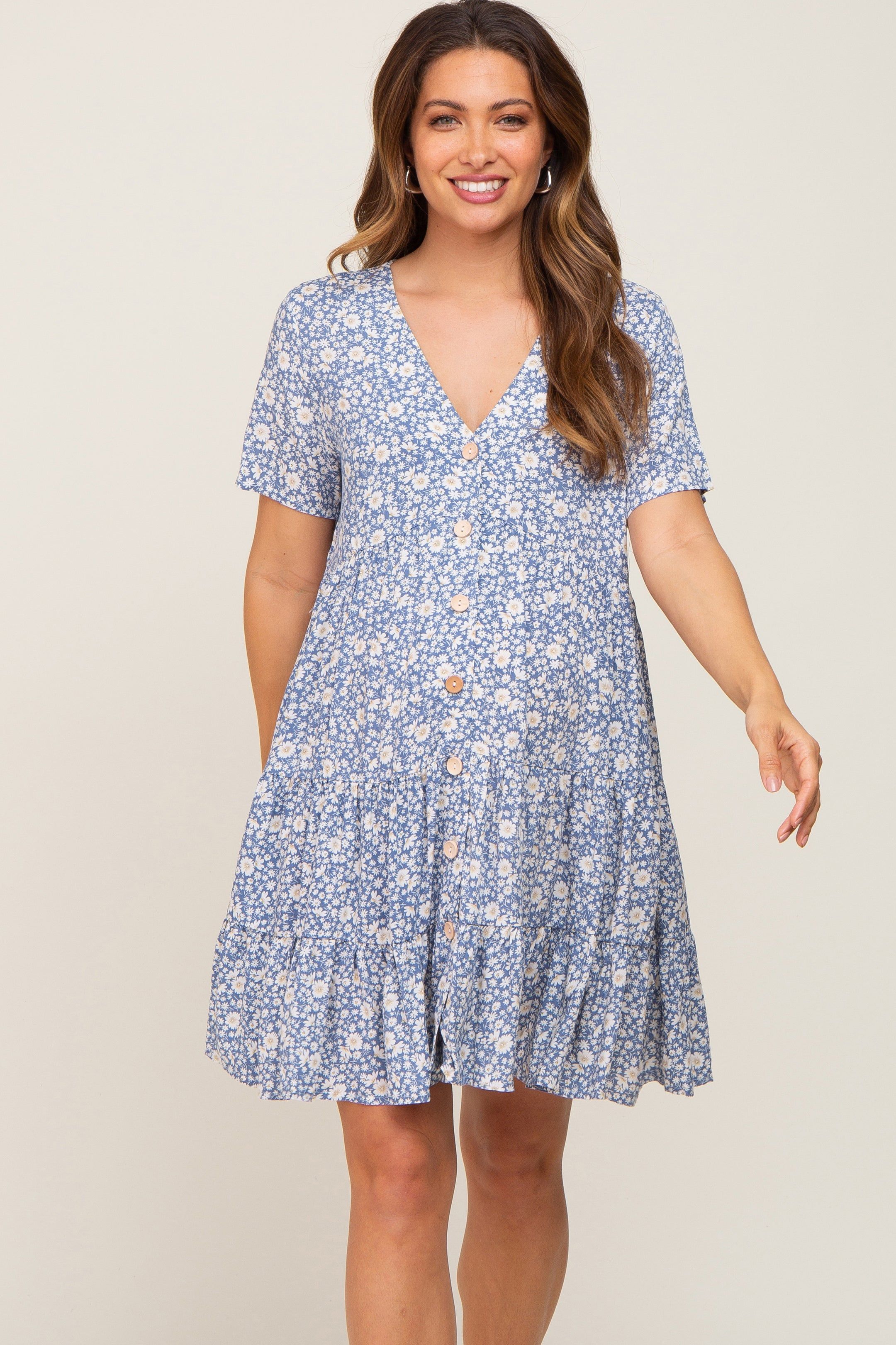 Blue Floral Button Front Tiered Short Sleeve Maternity Dress sold by Pinkblush product image thumbnail 2
