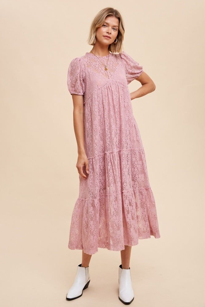Mauve Lace Tiered Midi Dress sold by Pinkblush