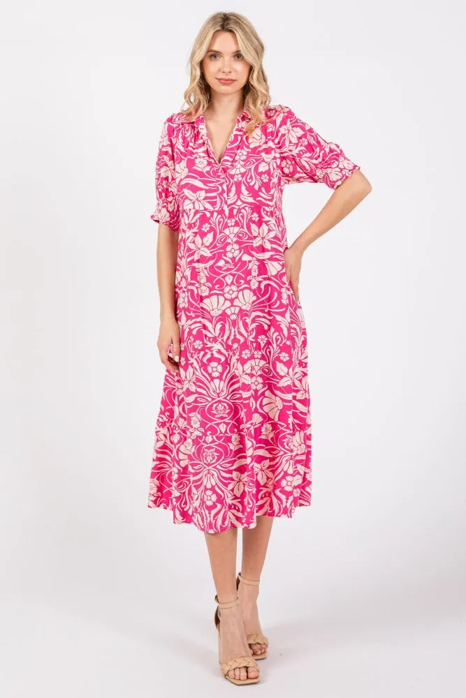 Fuchsia Floral V-Neck Tiered Midi Dress sold by Pinkblush product image thumbnail 2