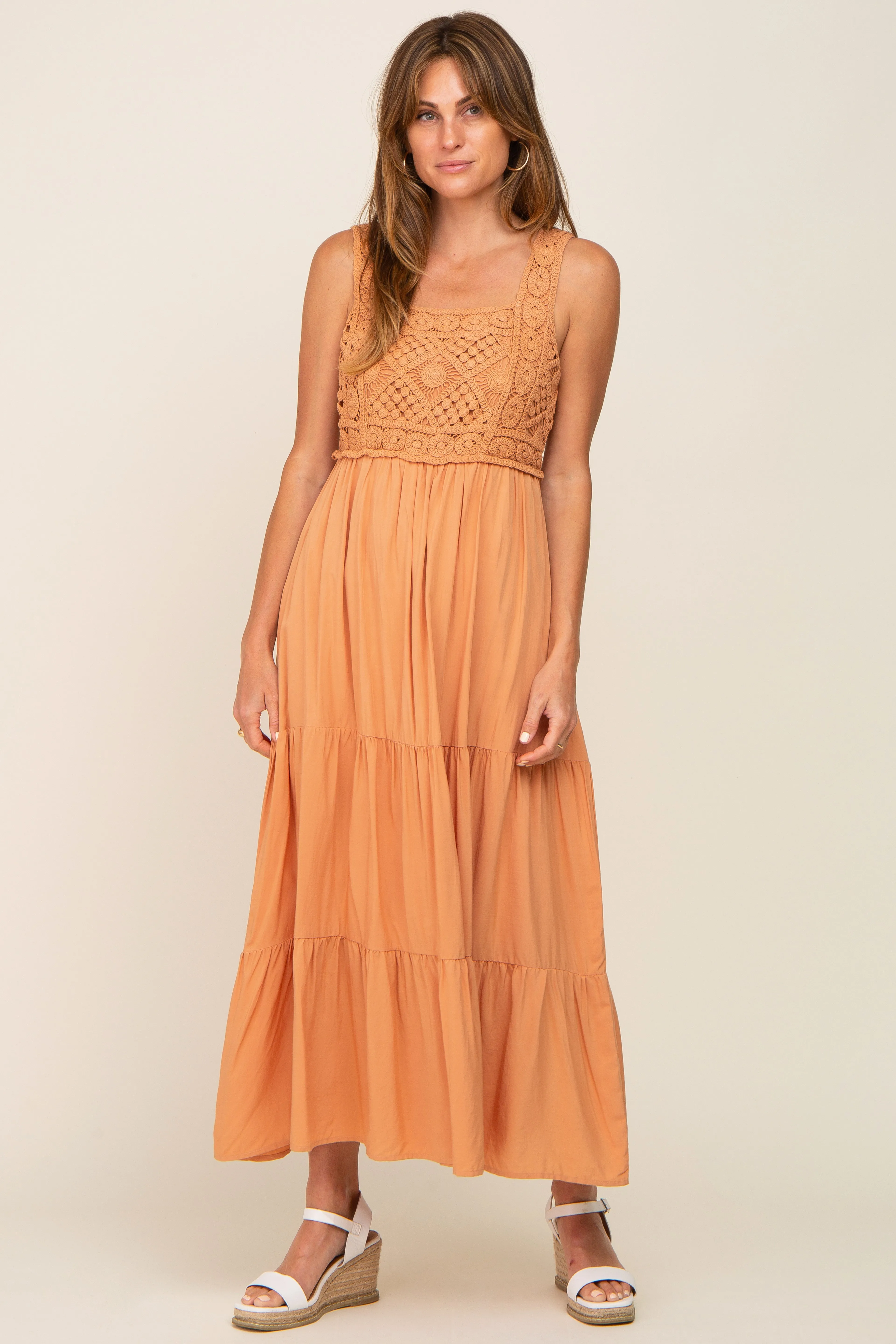 Peach Crochet Tiered Midi Dress sold by Pinkblush product image thumbnail 5