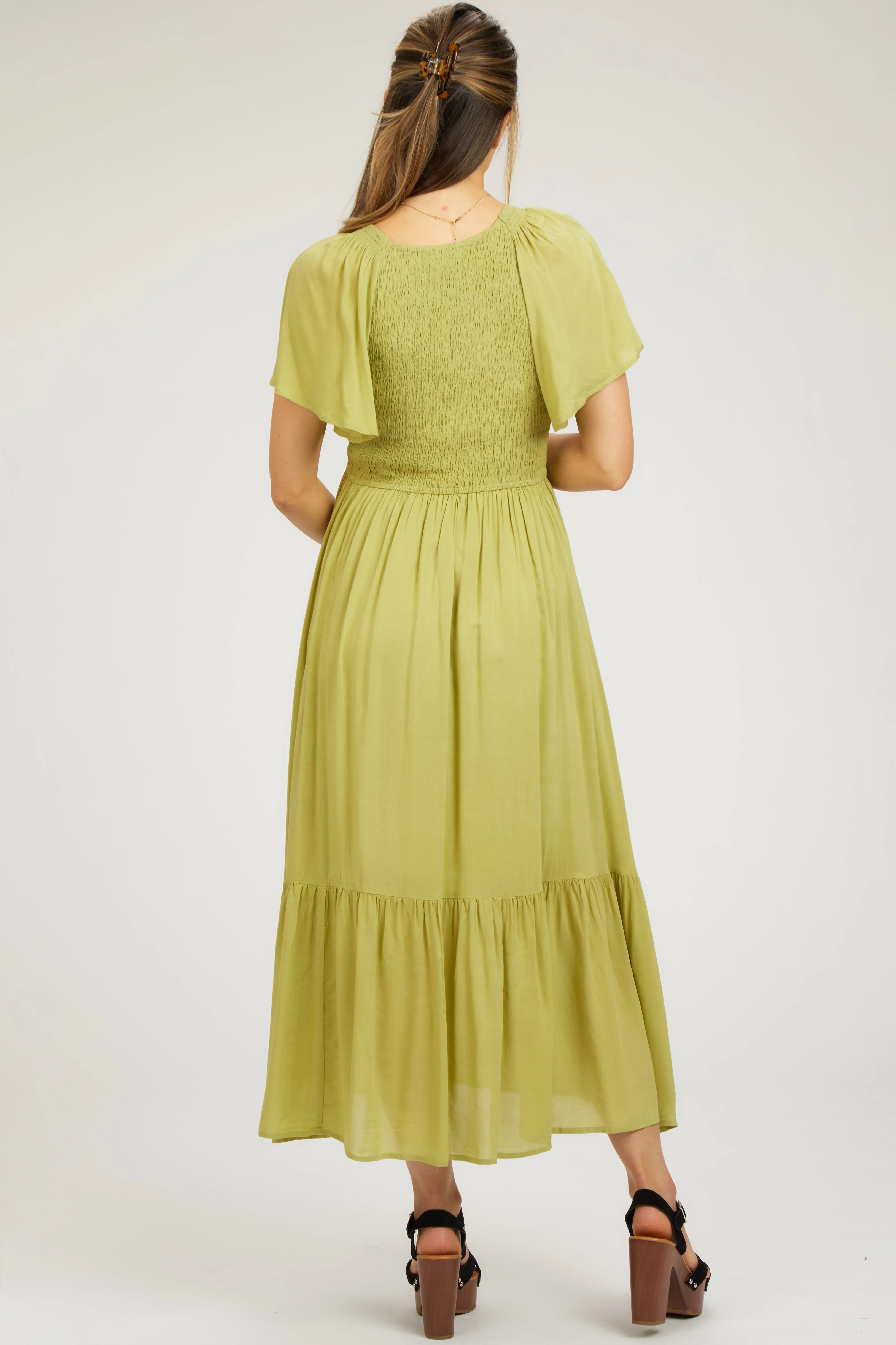 Green Smocked Flutter Sleeve Maternity Midi Dress sold by Pinkblush product image thumbnail 3