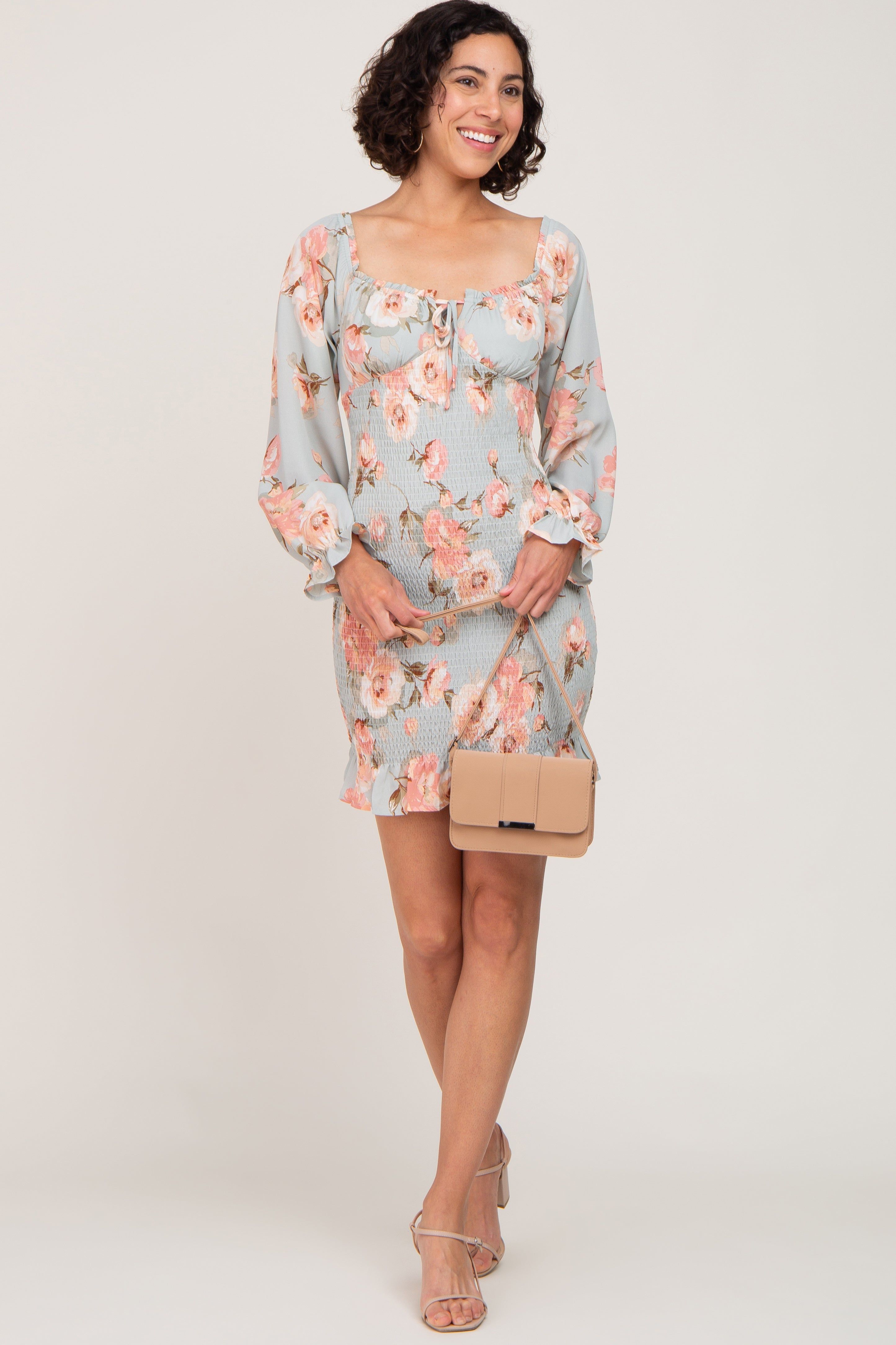 Mint Green Floral Sweetheart Neck Smocked Long Sleeve Dress sold by Pinkblush product image thumbnail 4