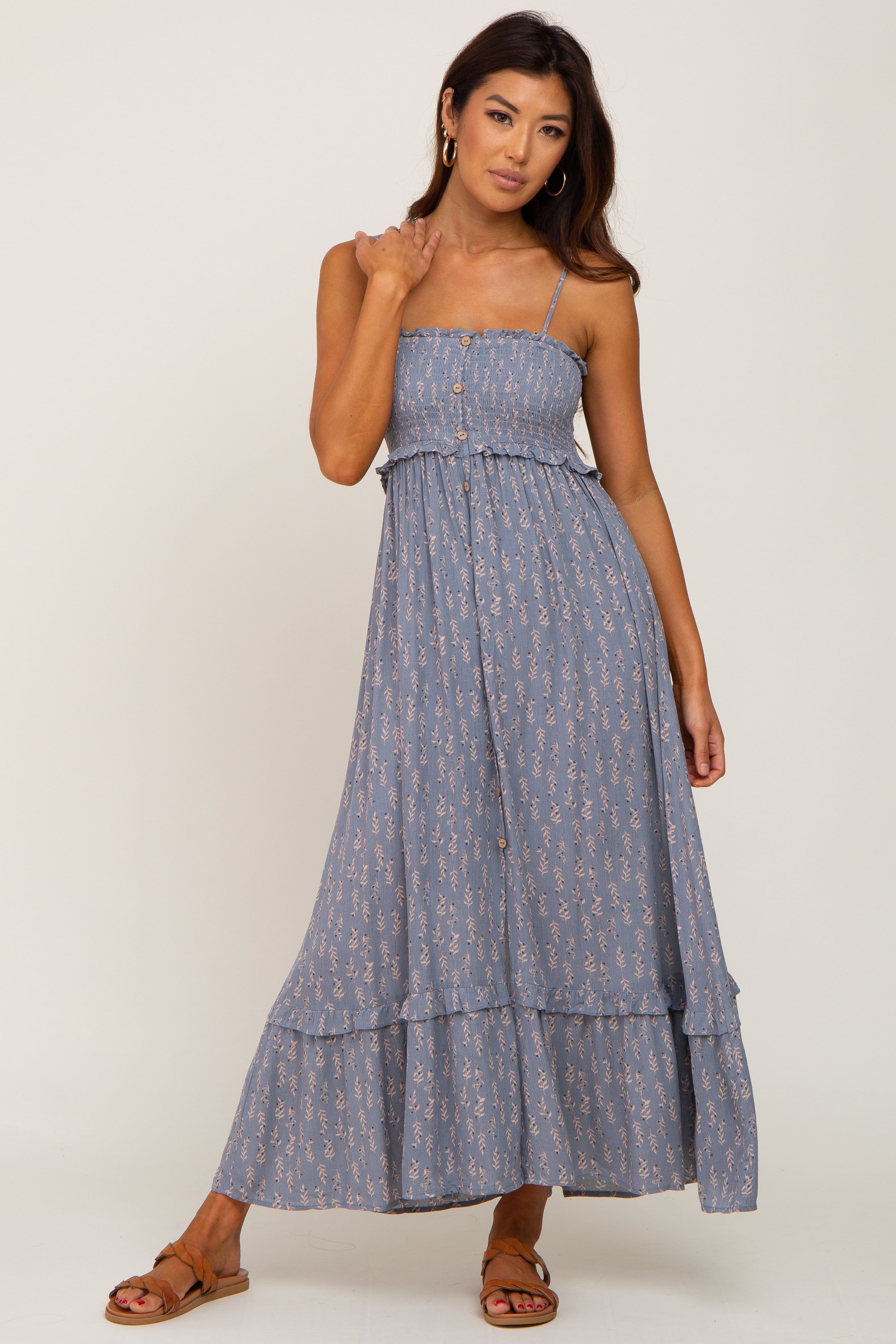 Blue Leaf Print Smocked Maternity Dress sold by Pinkblush product image thumbnail 4