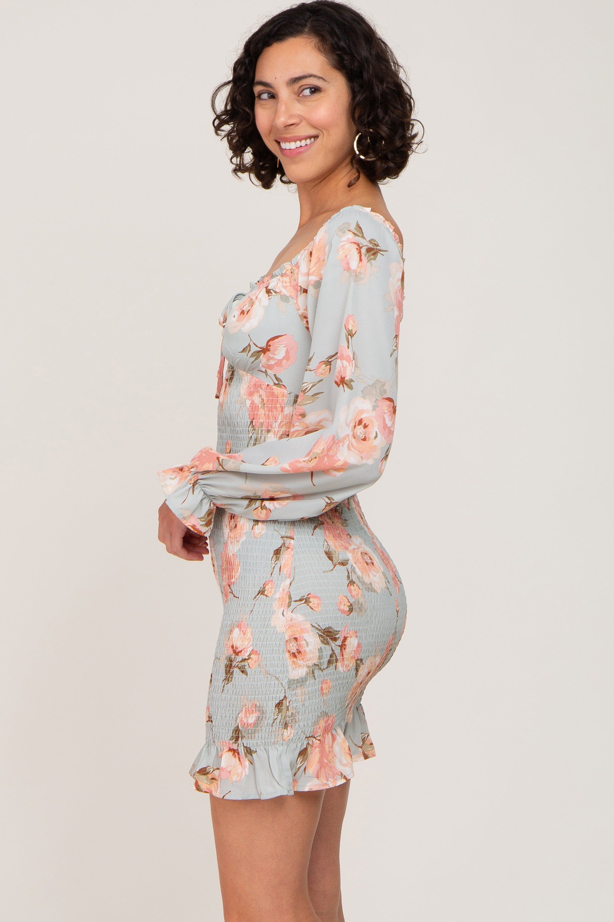 Mint Green Floral Sweetheart Neck Smocked Long Sleeve Dress sold by Pinkblush product image thumbnail 2