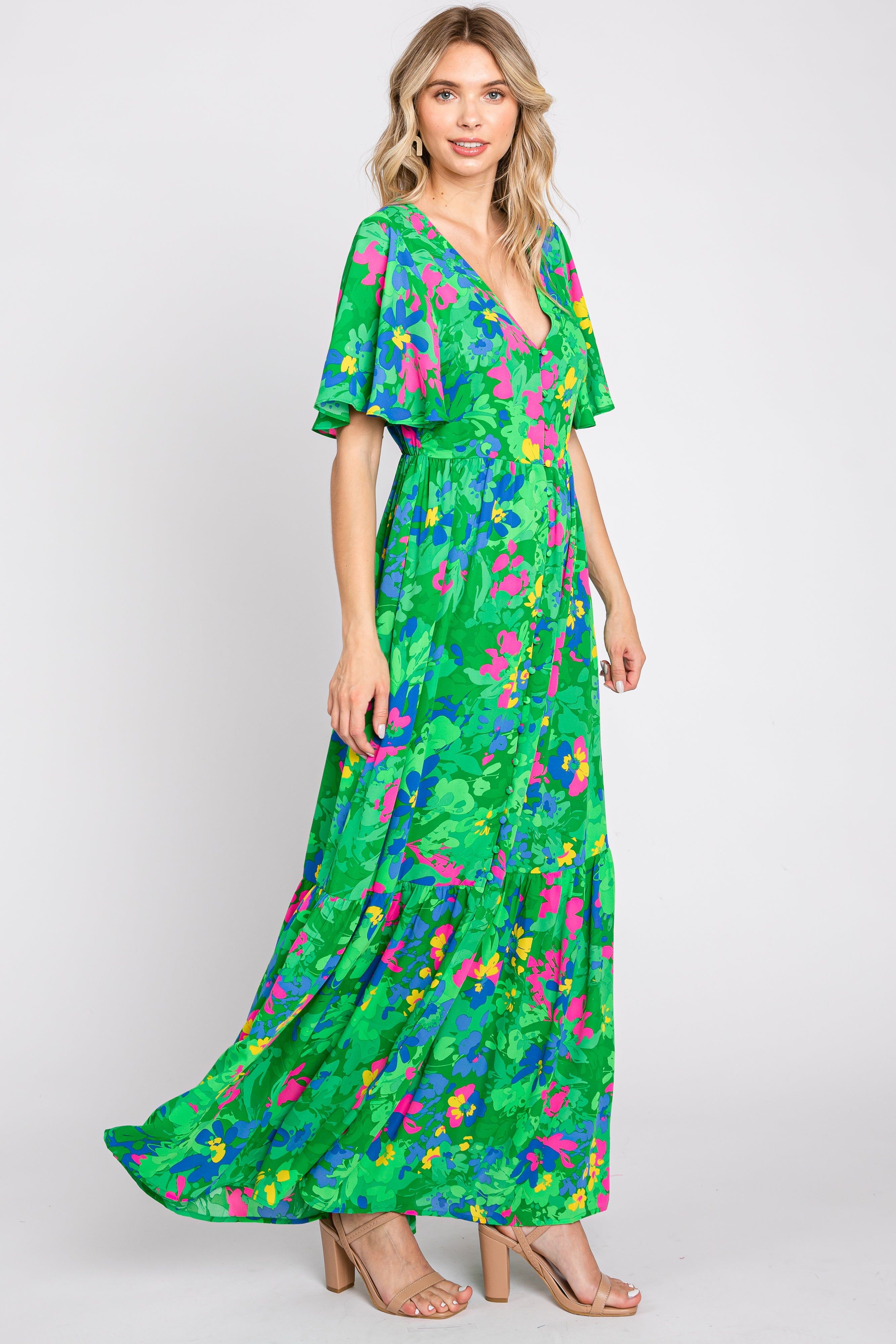 Green Floral Button Front Flutter Short Sleeve Maxi Dress sold by Pinkblush product image thumbnail 2