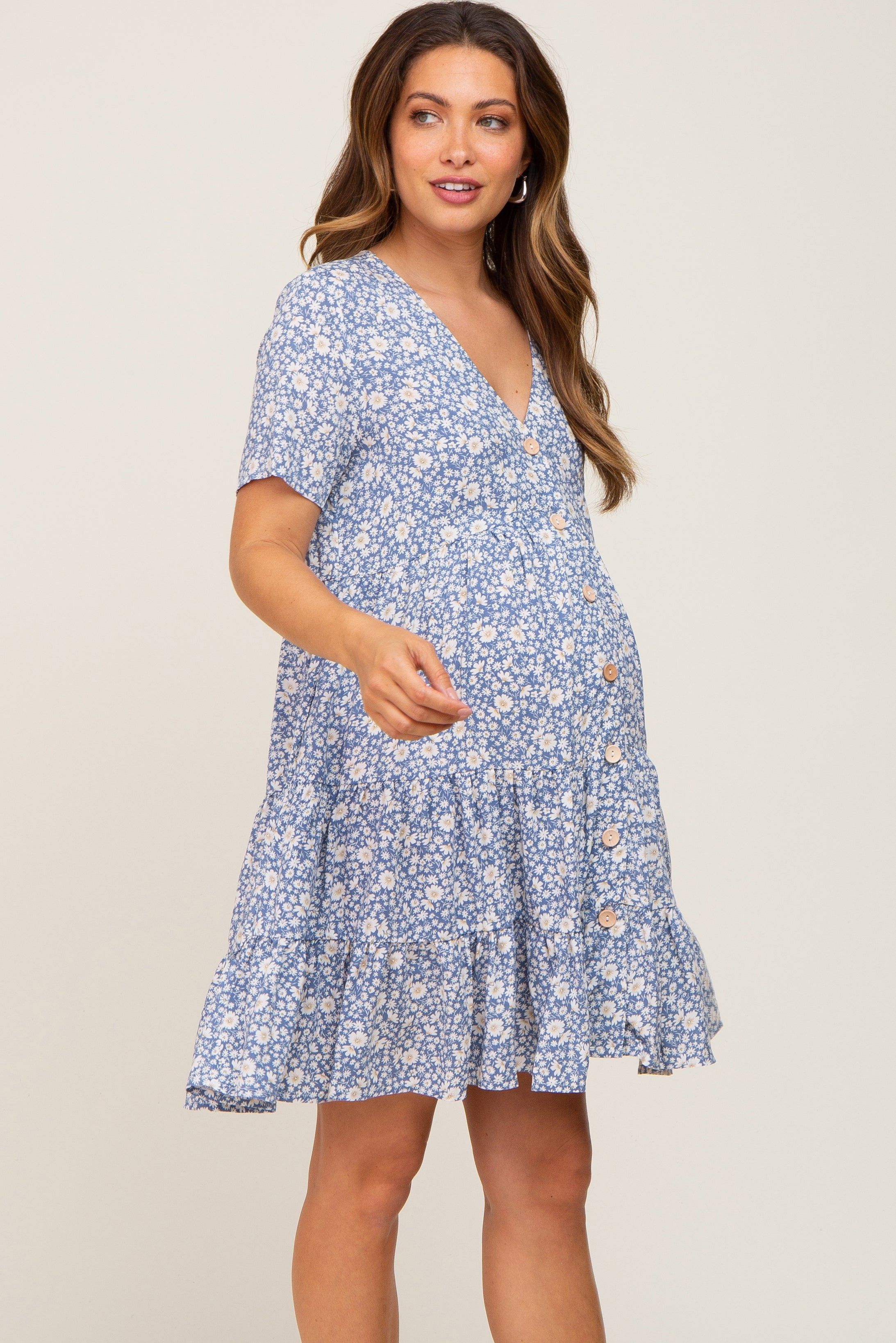 Blue Floral Button Front Tiered Short Sleeve Maternity Dress sold by Pinkblush product image thumbnail 3