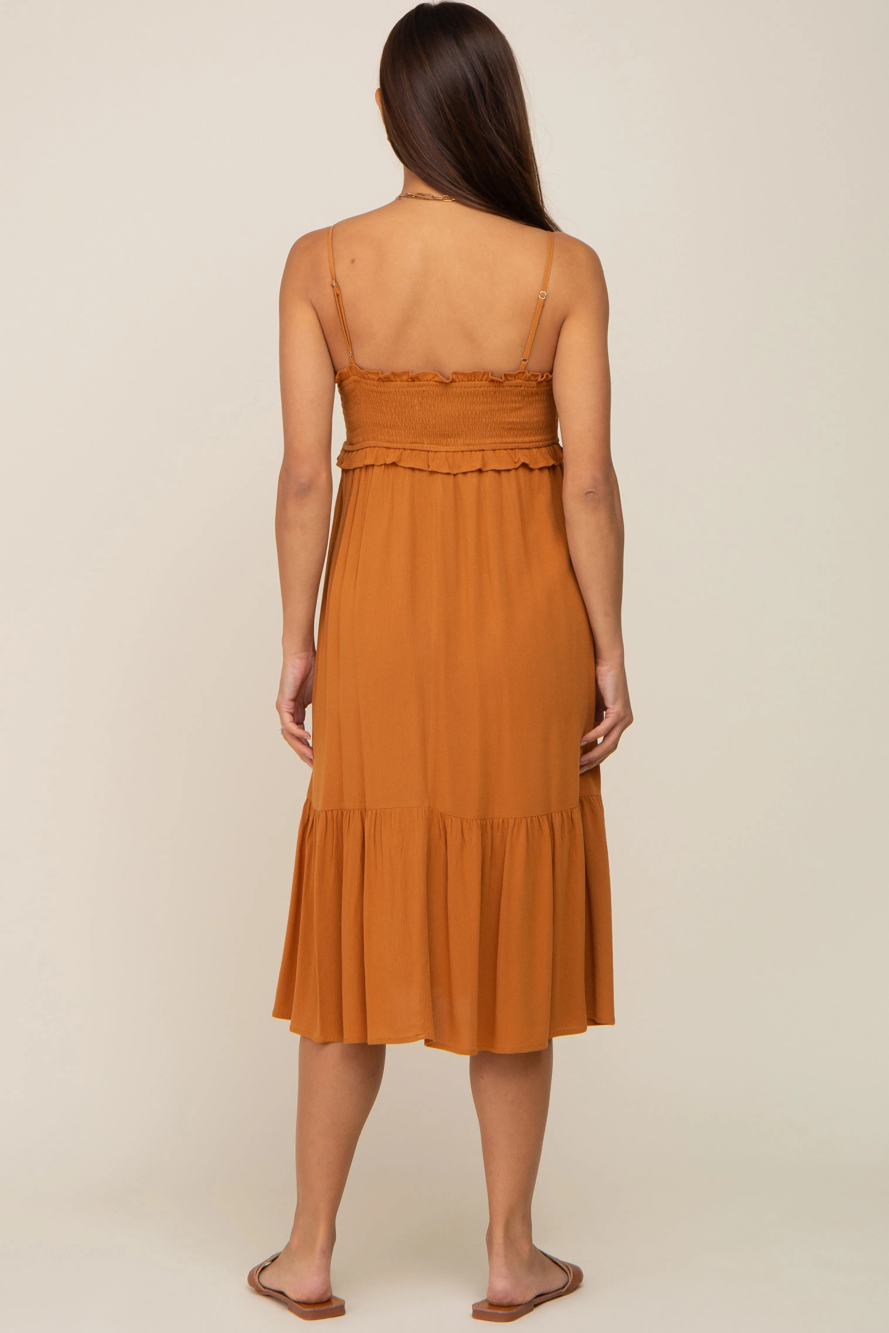 Camel Smocked Ruffle Accent Maternity Midi Dress sold by Pinkblush product image thumbnail 4