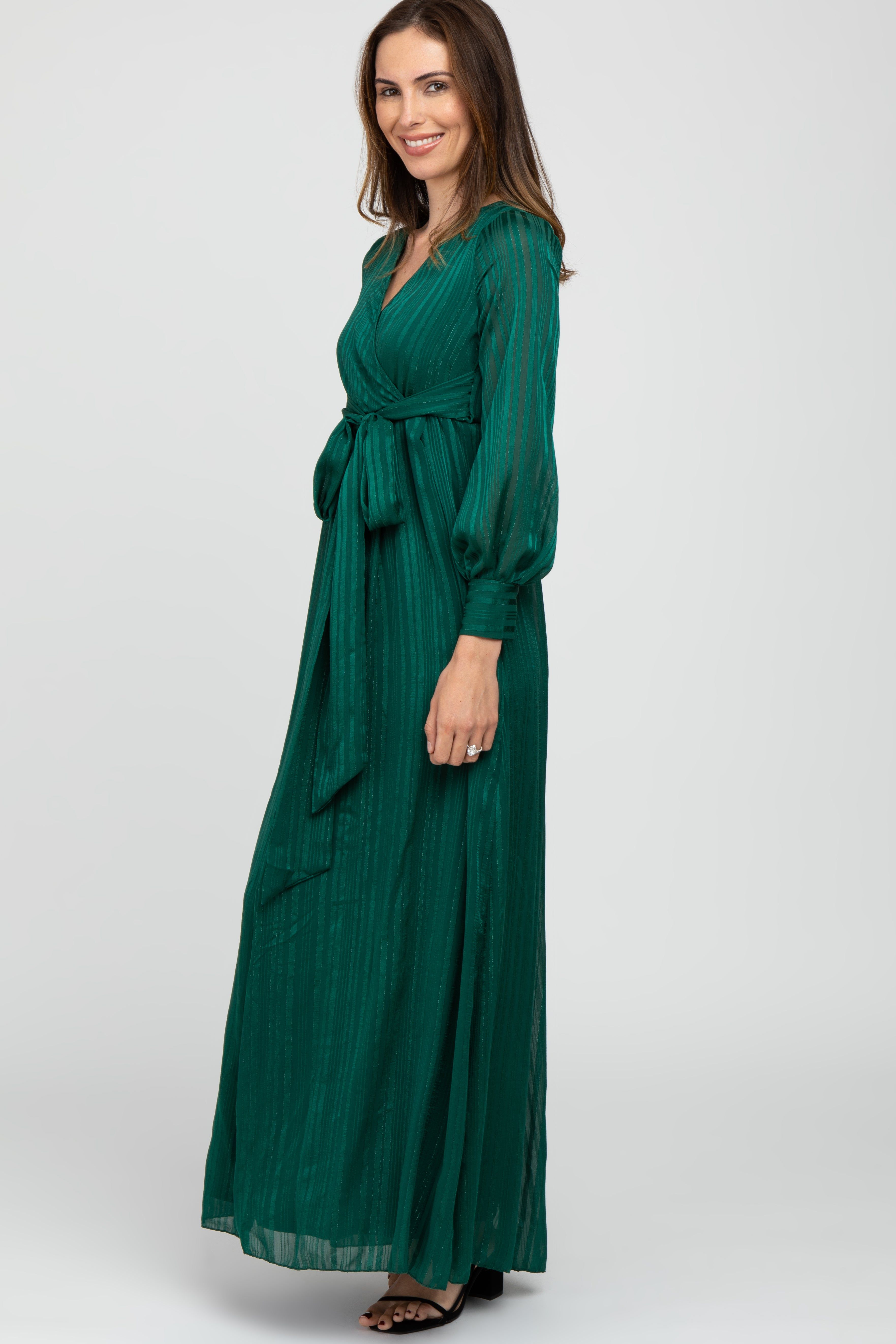 Forest Green Metallic Striped Chiffon Maxi Dress sold by Pinkblush product image thumbnail 2