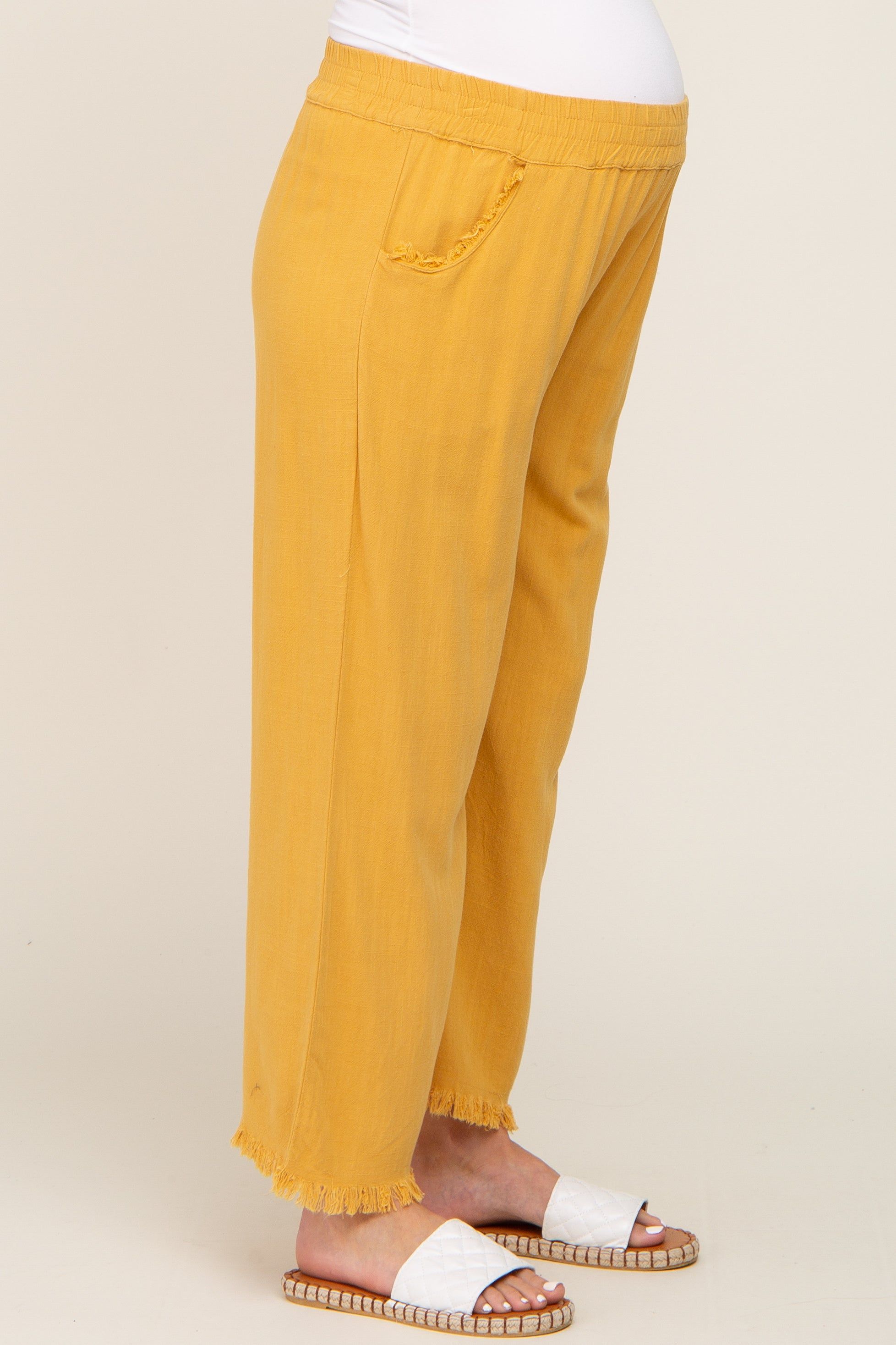 Gold Linen Frayed Hem Crop Maternity Pants sold by Pinkblush product image thumbnail 3