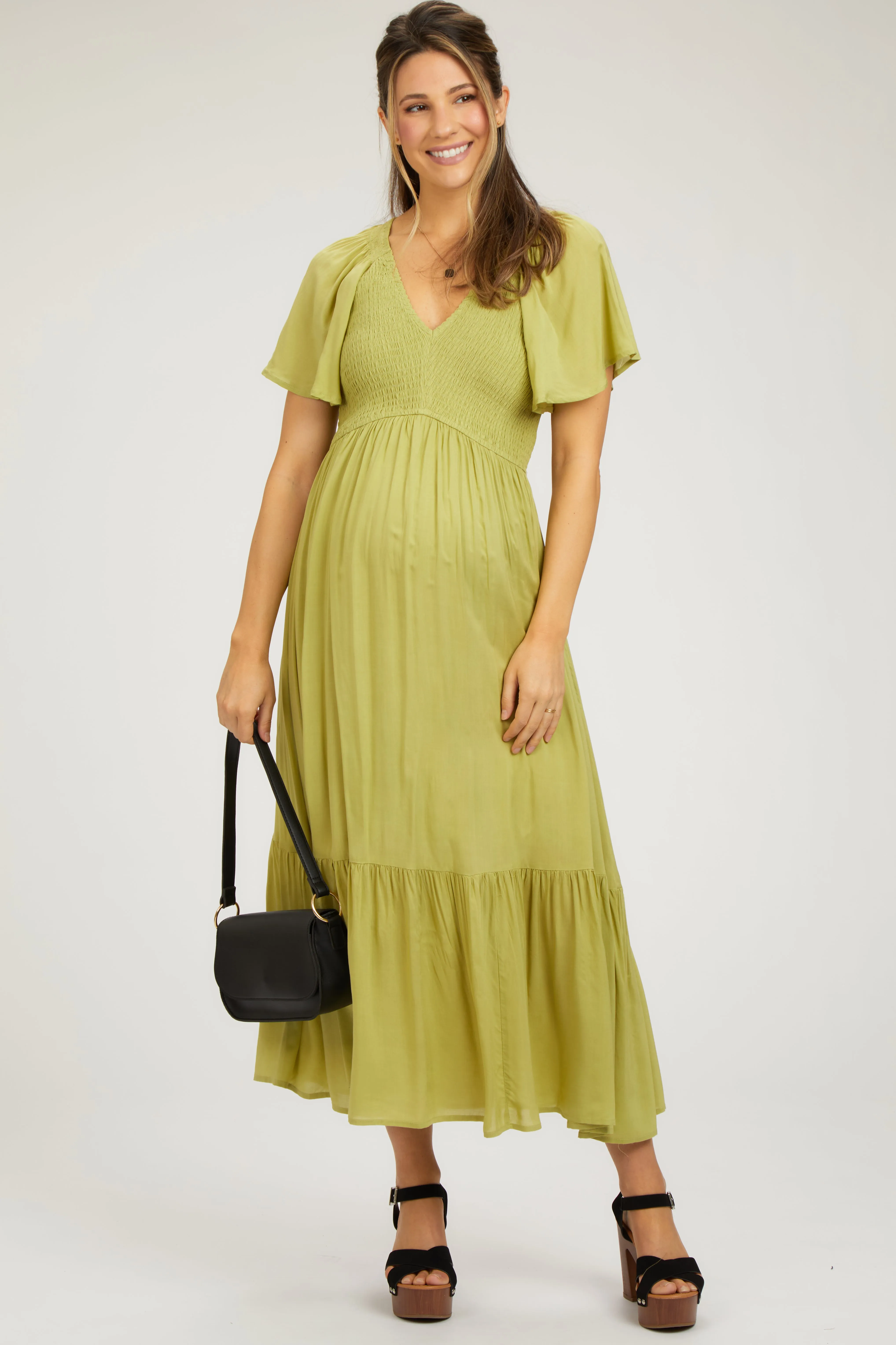 Green Smocked Flutter Sleeve Maternity Midi Dress sold by Pinkblush