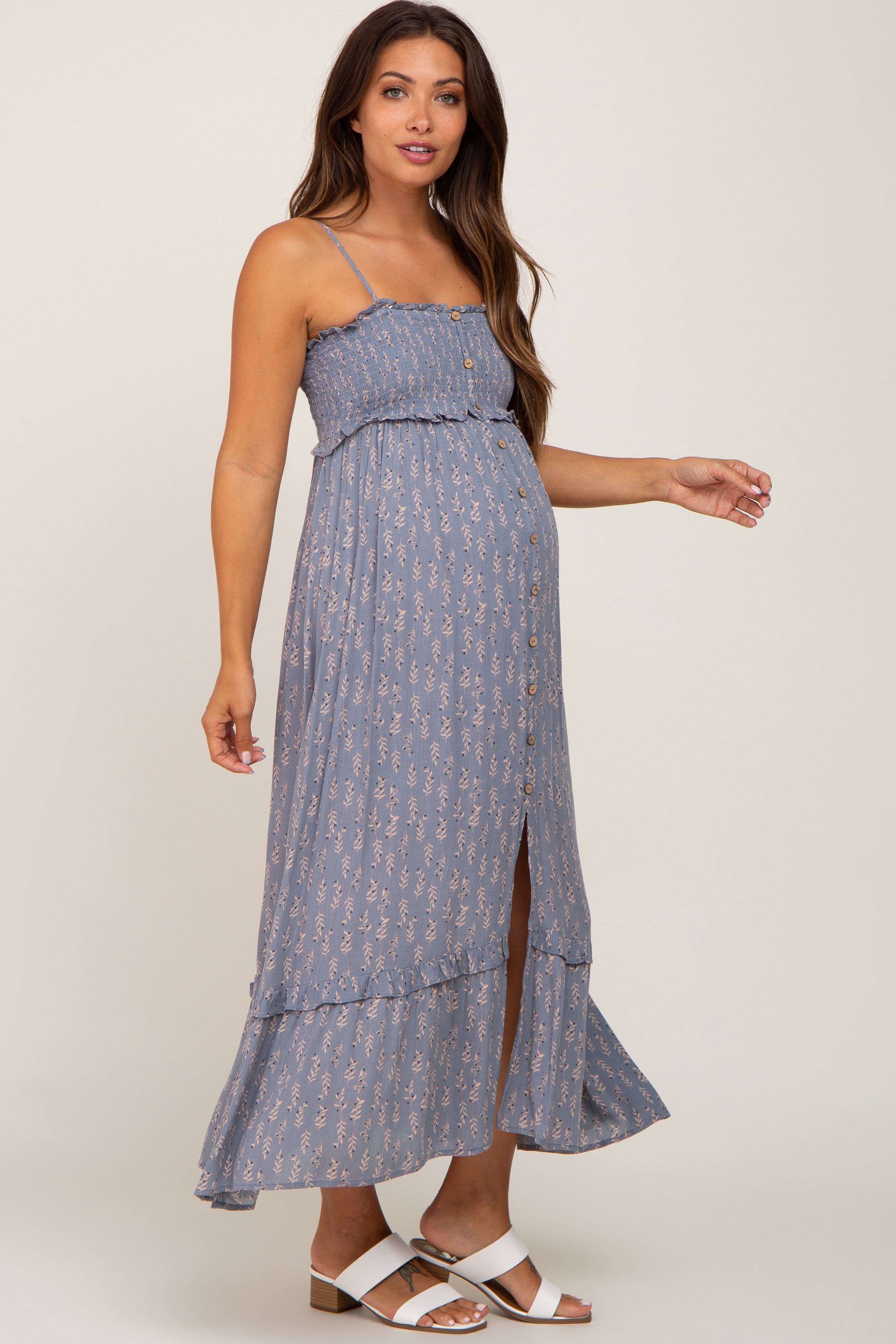 Blue Leaf Print Smocked Maternity Dress sold by Pinkblush product image thumbnail 2