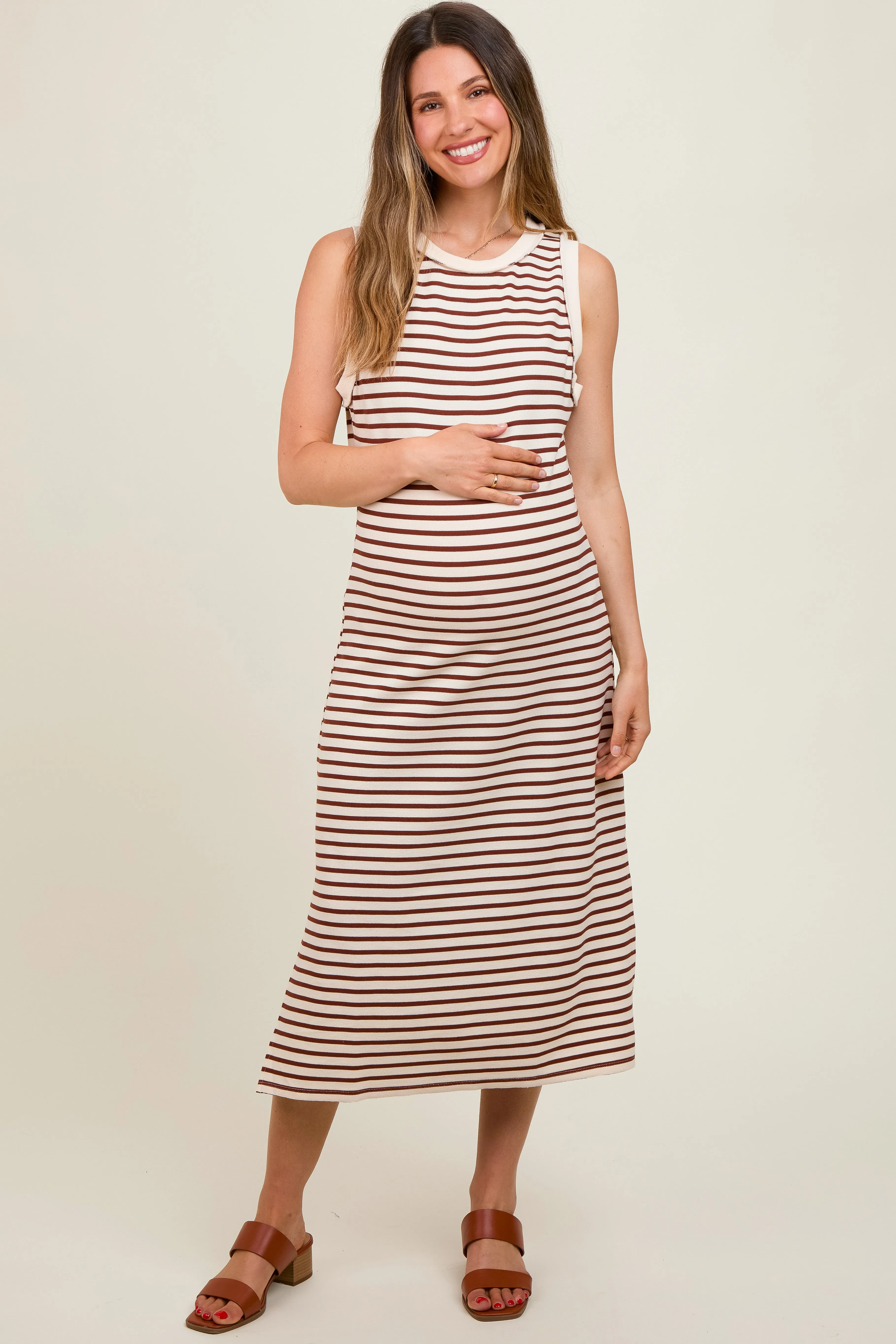 Mocha Striped Sleeveless Maternity Midi Dress sold by Pinkblush product image thumbnail 3