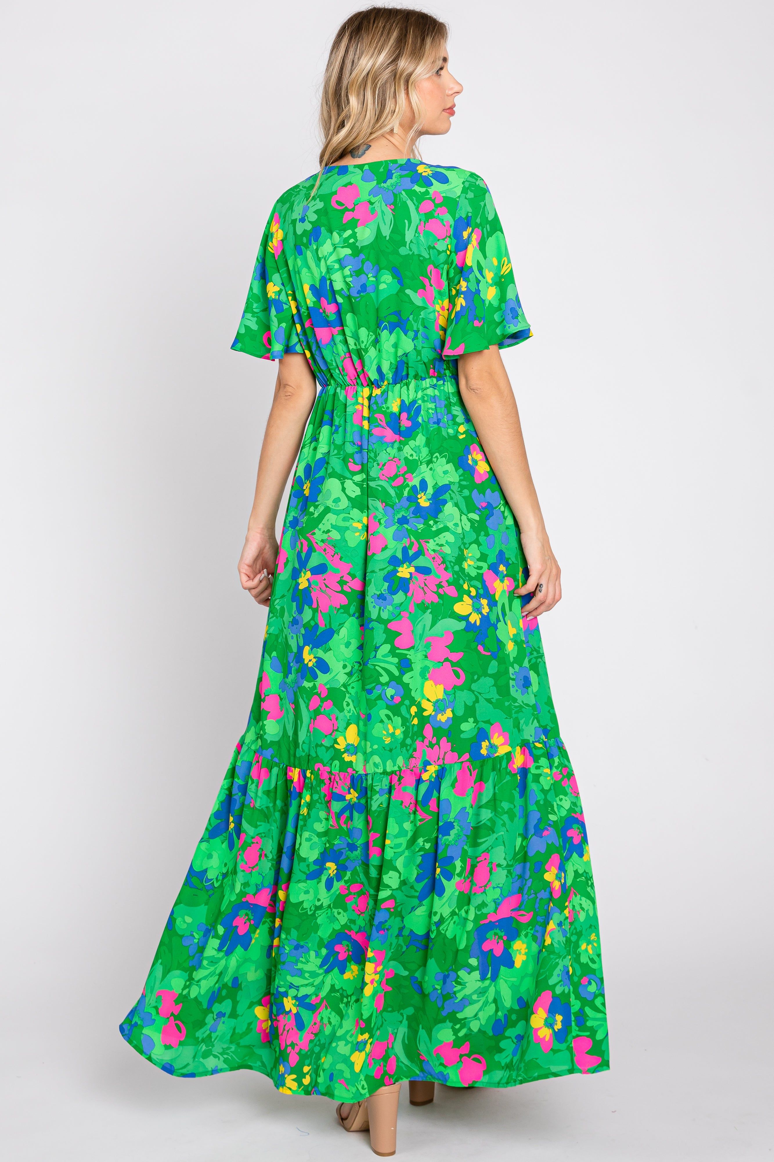 Green Floral Button Front Flutter Short Sleeve Maxi Dress sold by Pinkblush product image thumbnail 3