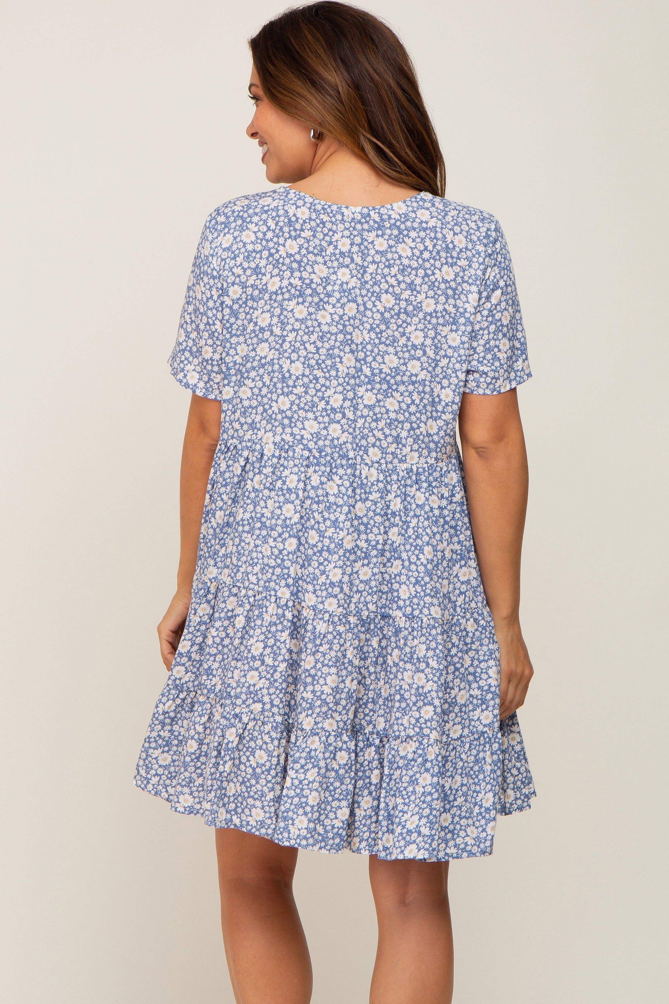 Blue Floral Button Front Tiered Short Sleeve Maternity Dress sold by Pinkblush product image thumbnail 4