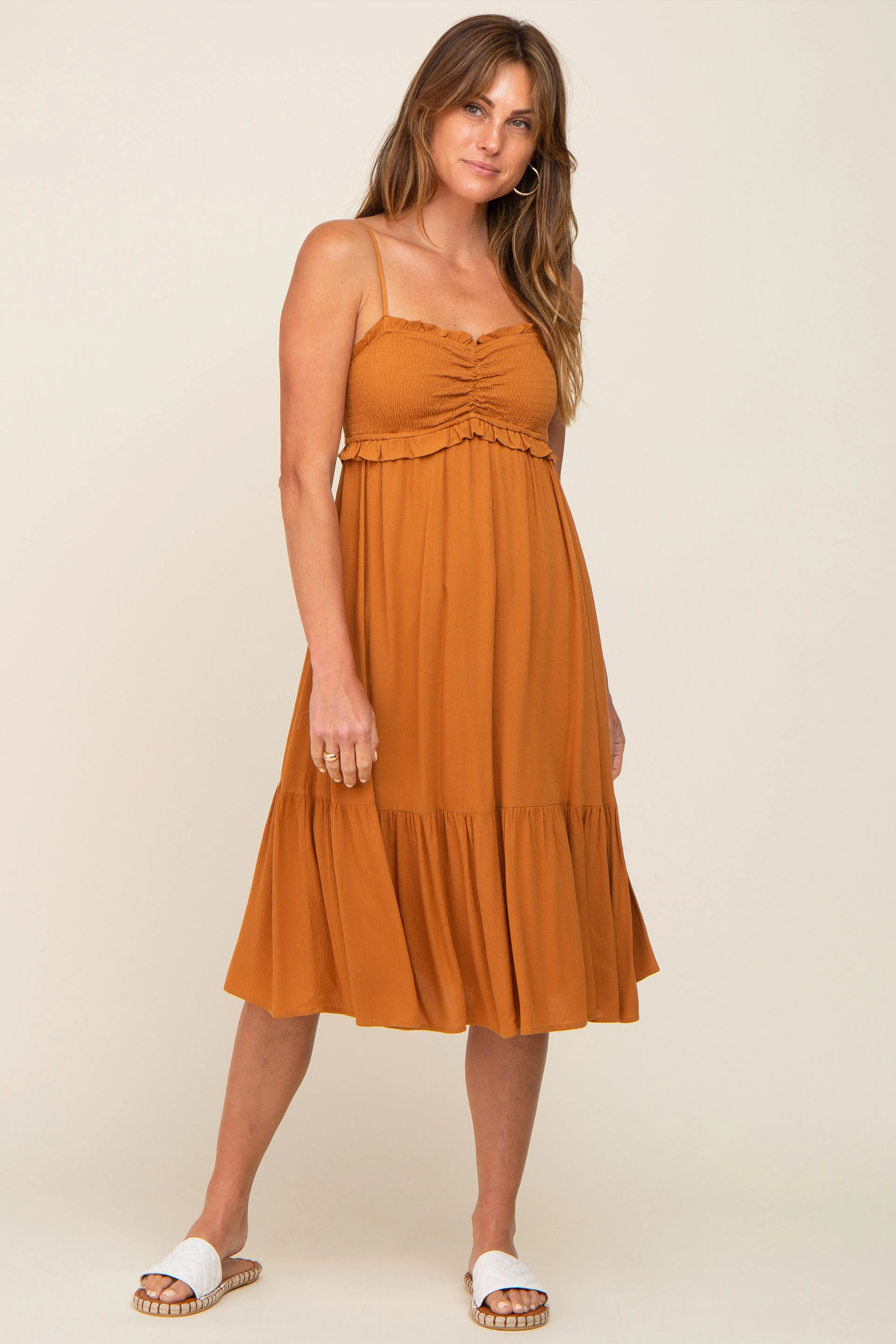 Camel Smocked Ruffle Accent Maternity Midi Dress sold by Pinkblush product image thumbnail 5