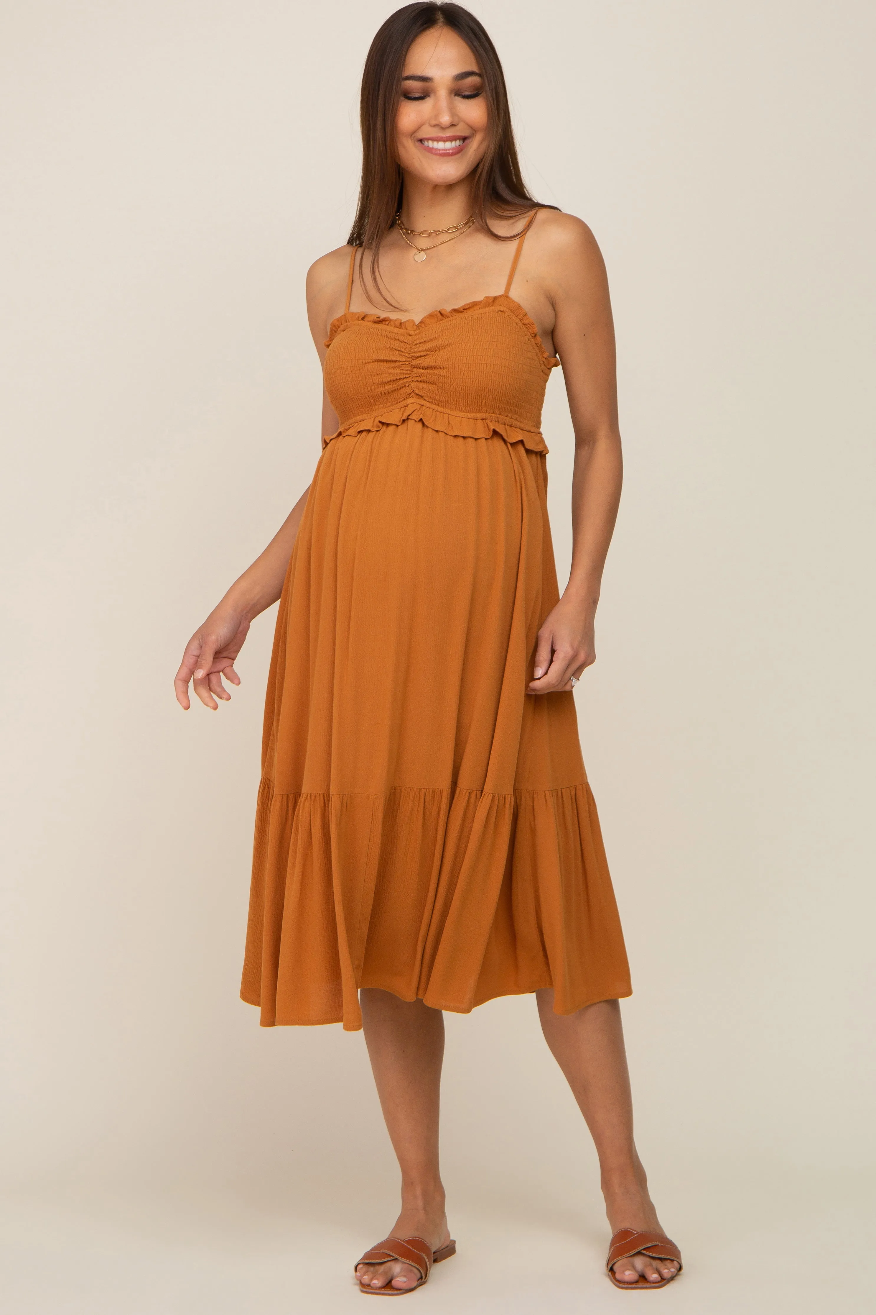 Camel Smocked Ruffle Accent Maternity Midi Dress sold by Pinkblush product image thumbnail 2