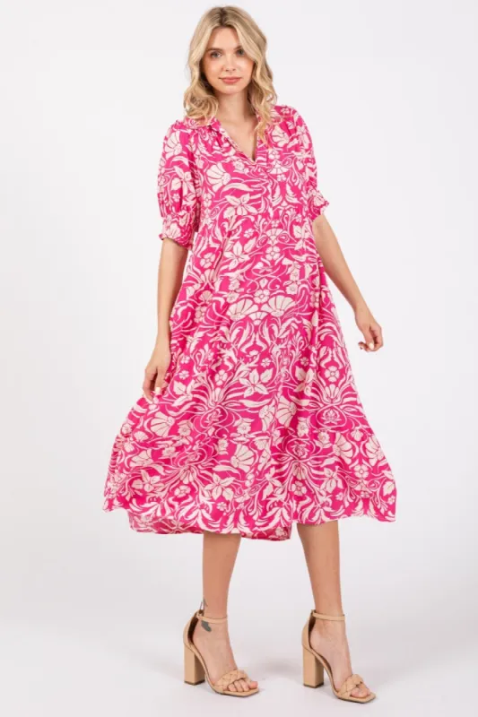 Fuchsia Floral V-Neck Tiered Midi Dress sold by Pinkblush