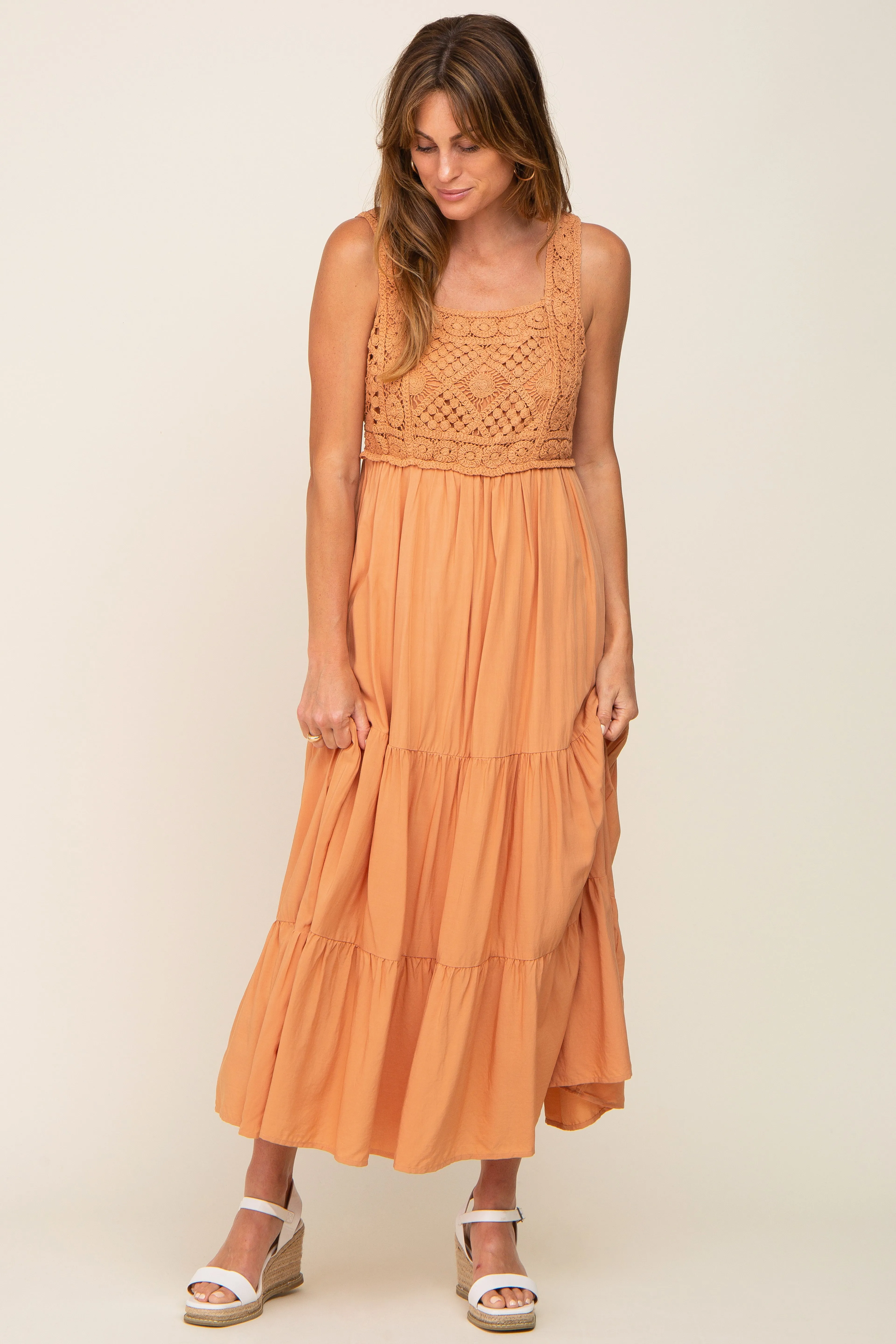 Peach Crochet Tiered Midi Dress sold by Pinkblush product image thumbnail 4