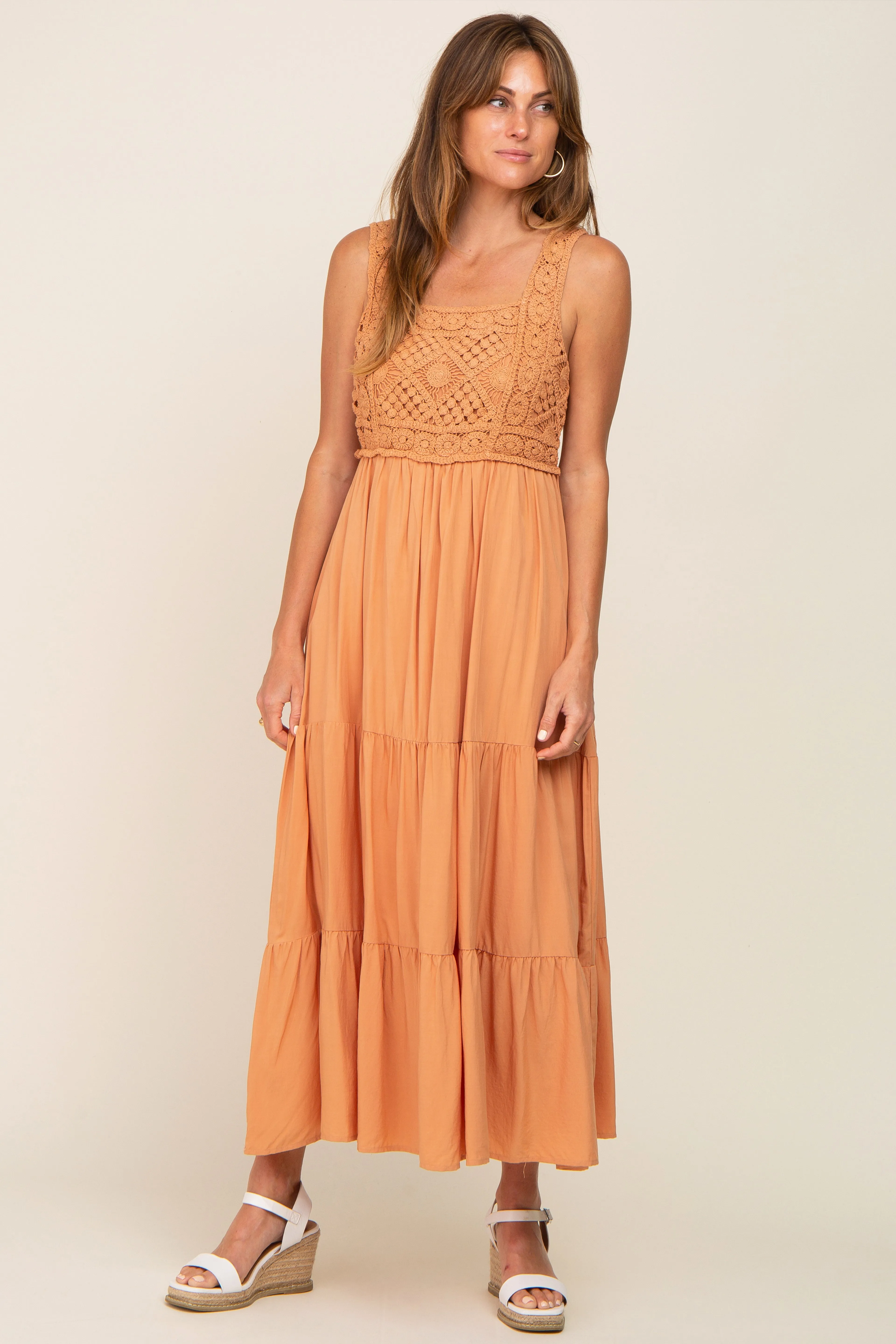 Peach Crochet Tiered Midi Dress sold by Pinkblush
