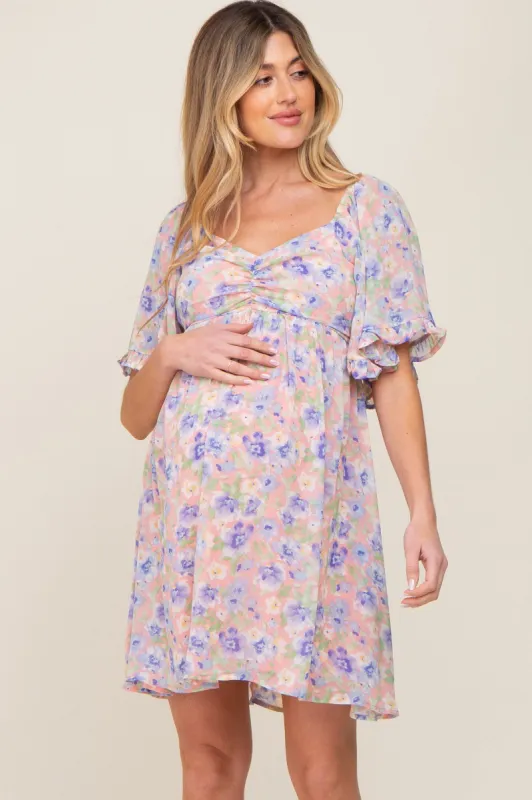 Peach Floral Chiffon Sweetheart Neck Short Ruffle Sleeve Maternity Dress sold by Pinkblush