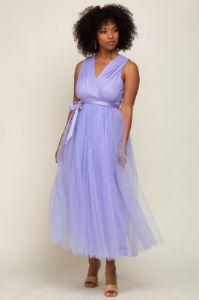 Lavender Wrap V-Neck Waist Tie Tulle Midi Dress sold by Pinkblush