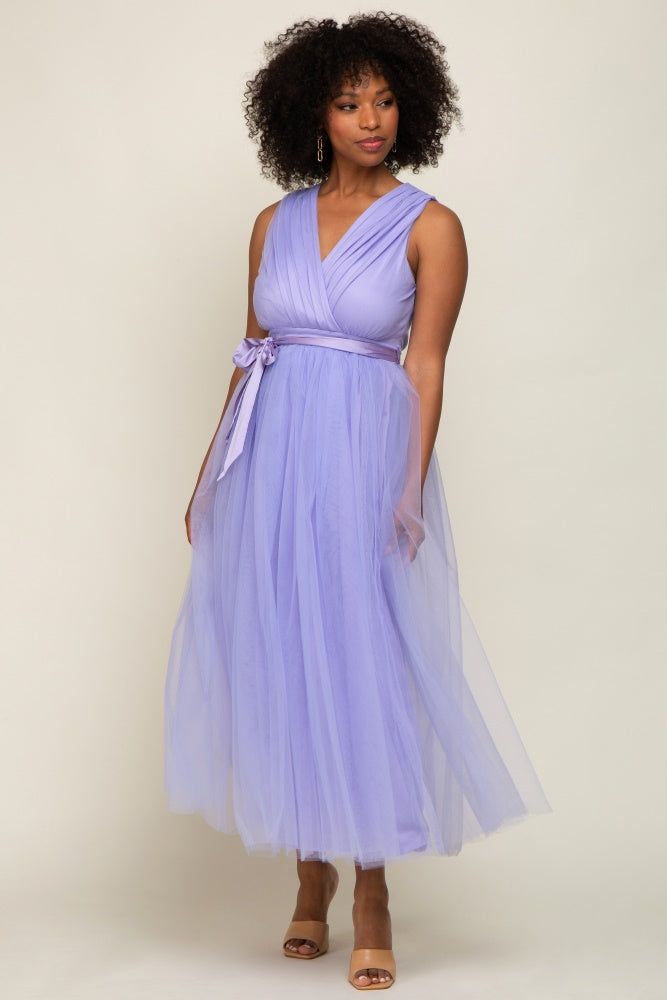 Lavender Wrap V-Neck Waist Tie Tulle Midi Dress sold by Pinkblush product image thumbnail 4