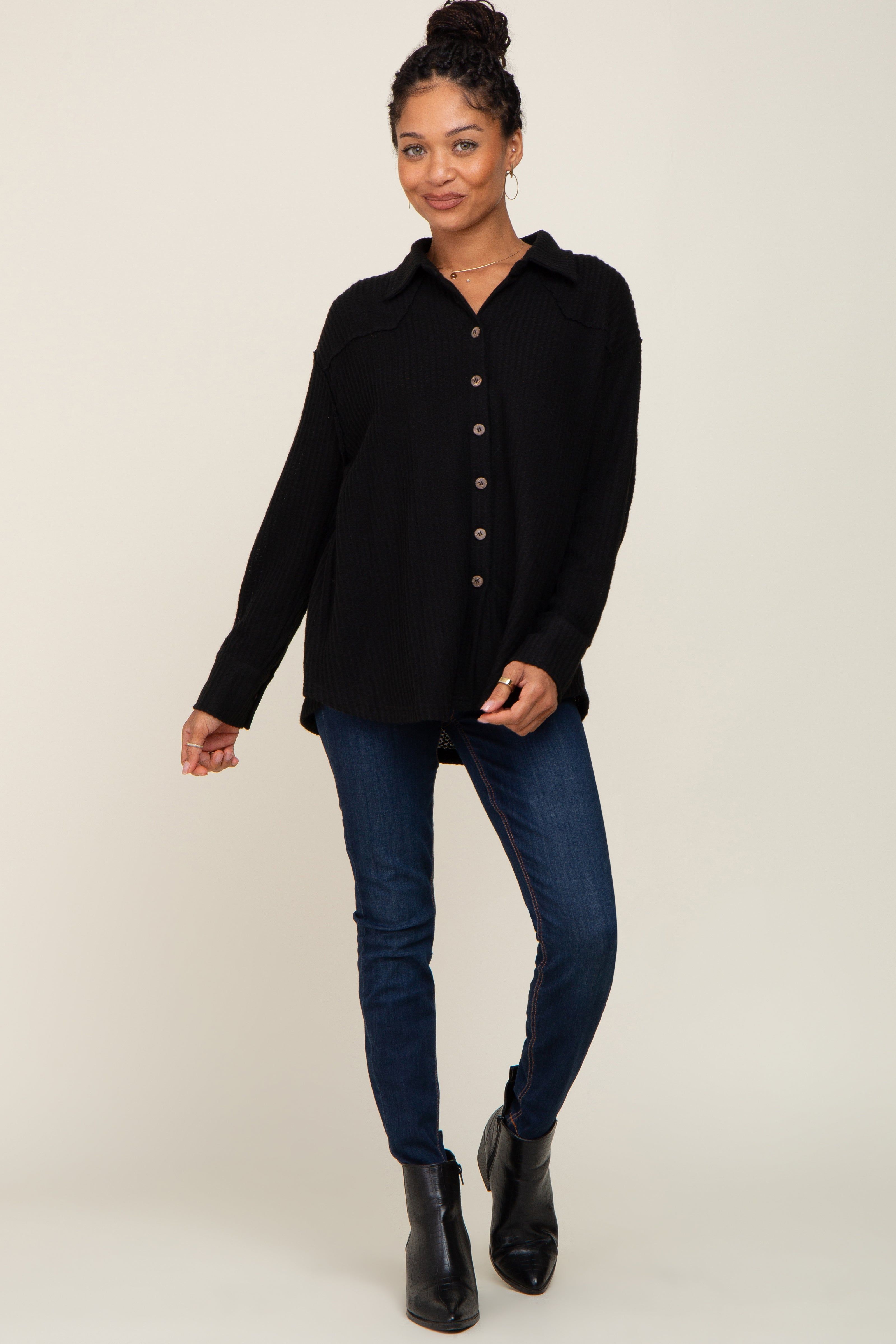 Black Waffle Knit Button Down Top sold by Pinkblush product image thumbnail 4