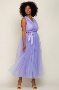 Lavender Wrap V-Neck Waist Tie Tulle Midi Dress sold by Pinkblush