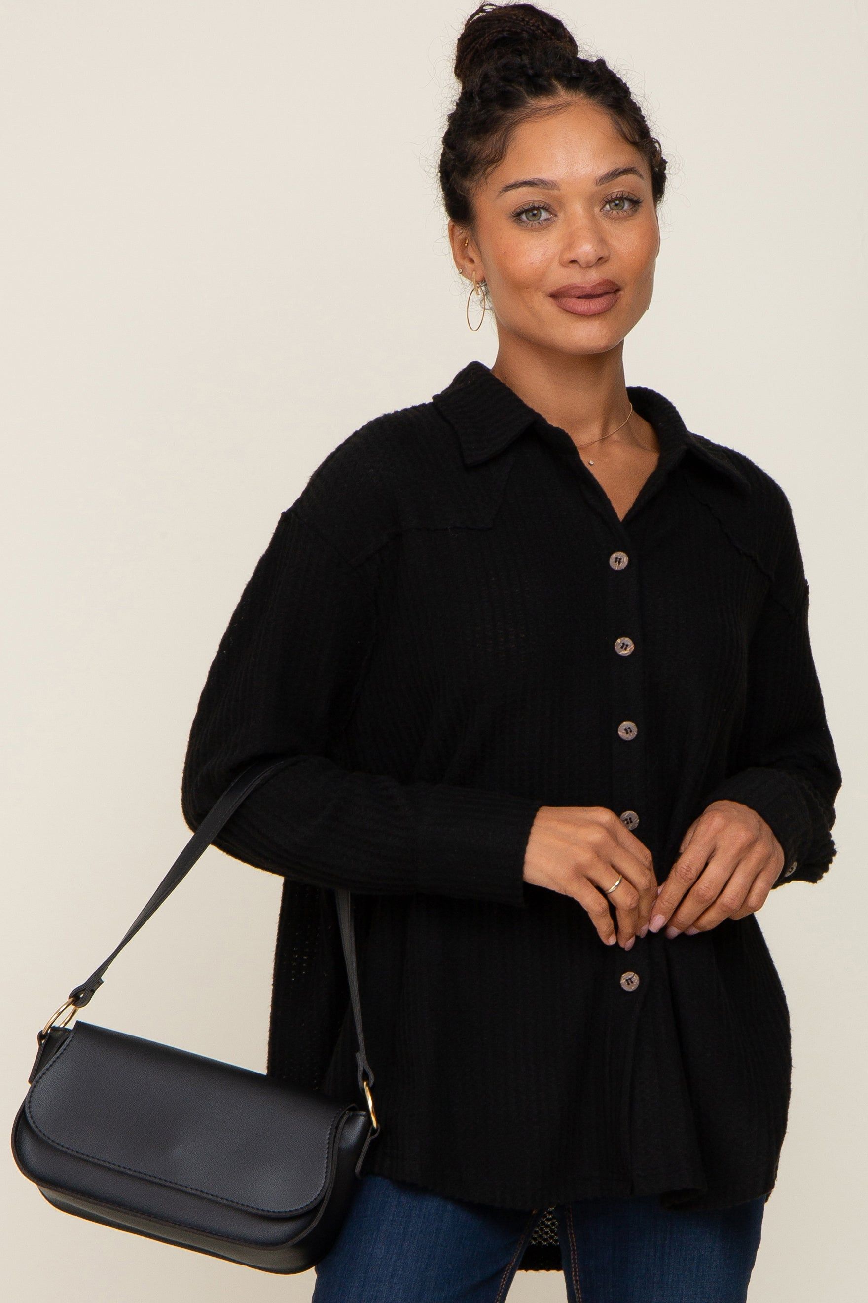 Black Waffle Knit Button Down Top sold by Pinkblush