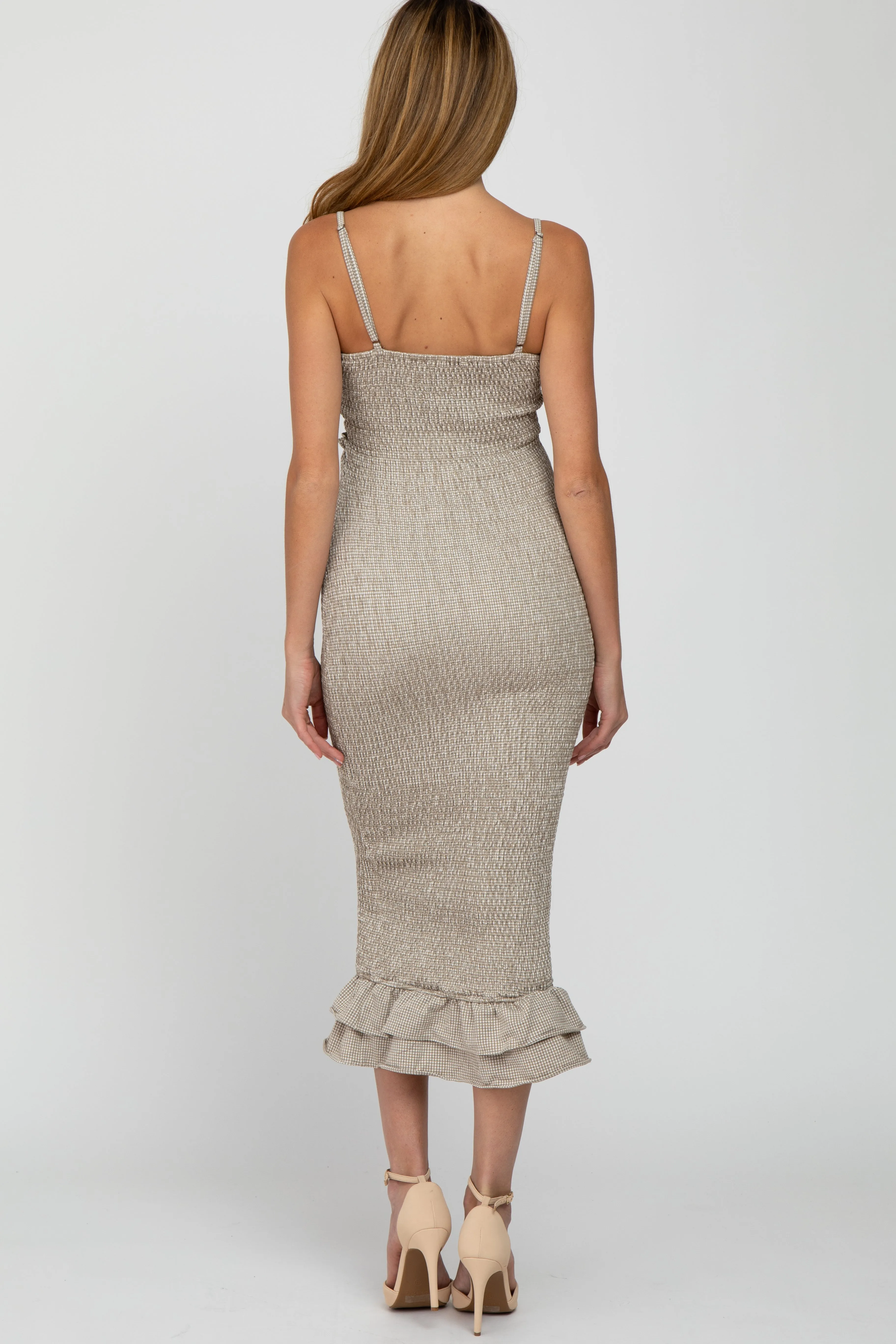 Mocha Gingham Print Smocked Fitted Self-Tie Maternity Midi Dress sold by Pinkblush product image thumbnail 4