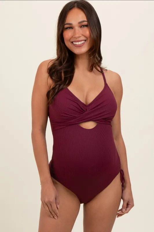 Plum Ribbed Wrap Front Drawstring Side Maternity One-Piece Swimsuit sold by Pinkblush