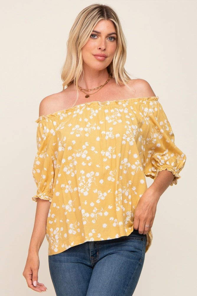 Yellow Floral Ruffle Accent Top sold by Pinkblush